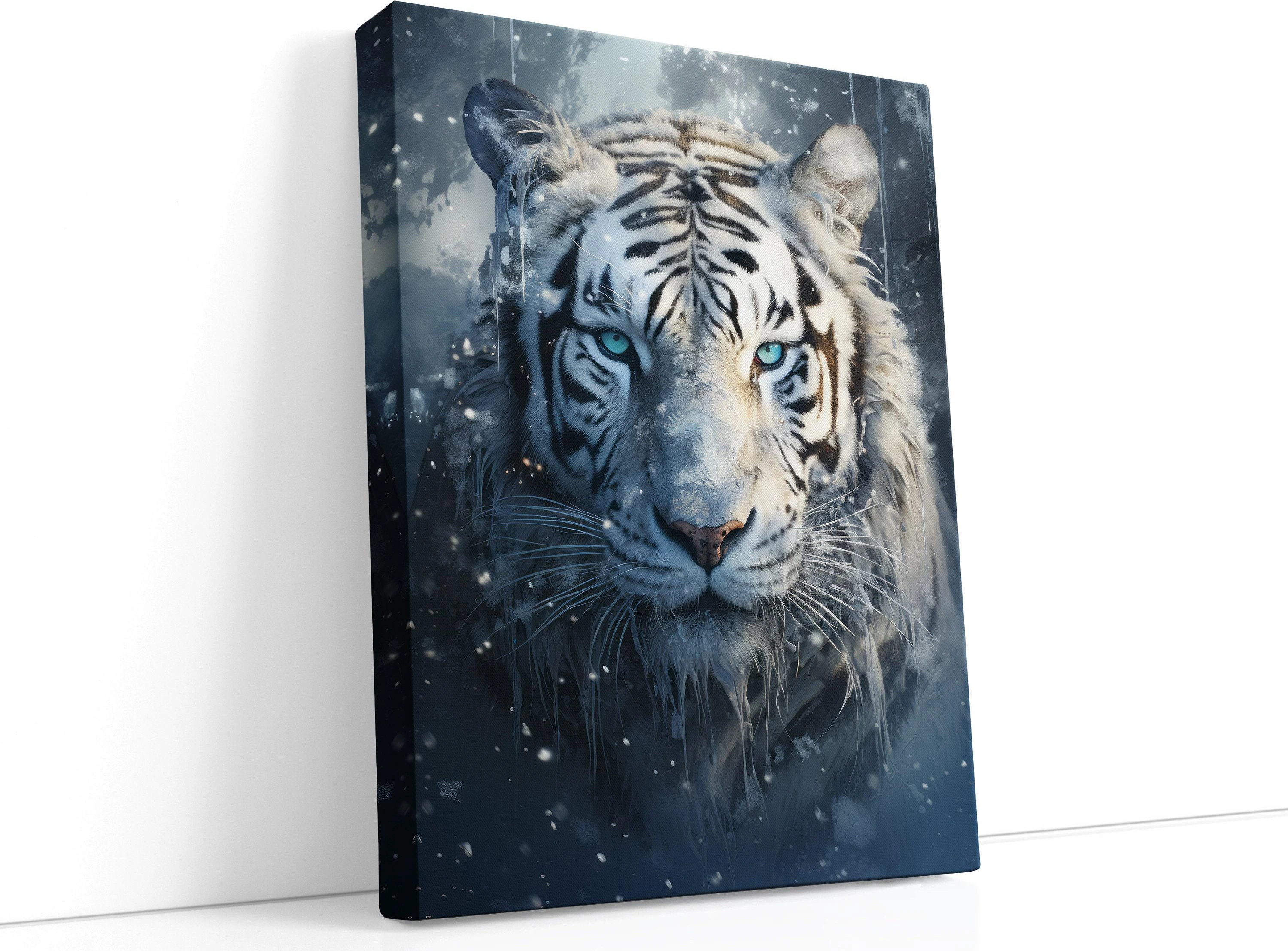White tiger portrait with blue eyes and falling snow flecks on a dark icy blue background