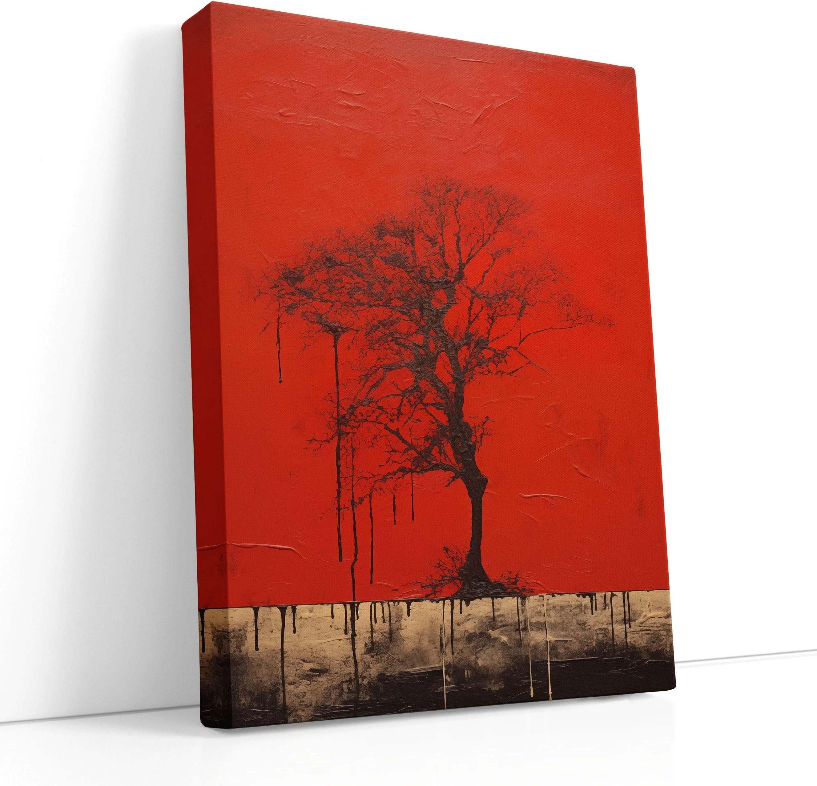 Crimson tree silhouette wall art with dark branches and dripped charcoal details
