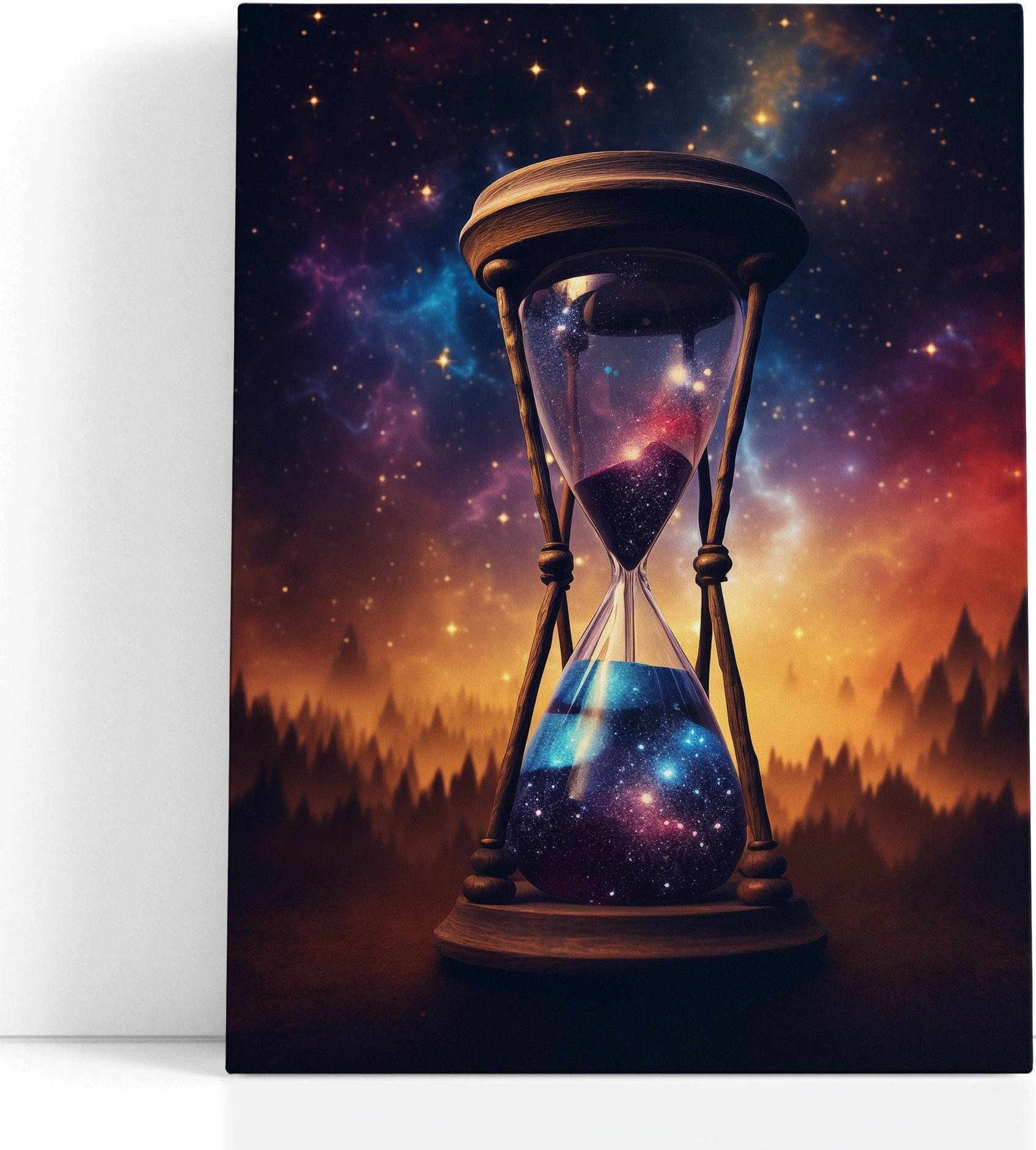 Cosmic hourglass galaxy artwork with starry nebula background in navy, violet and gold detail view