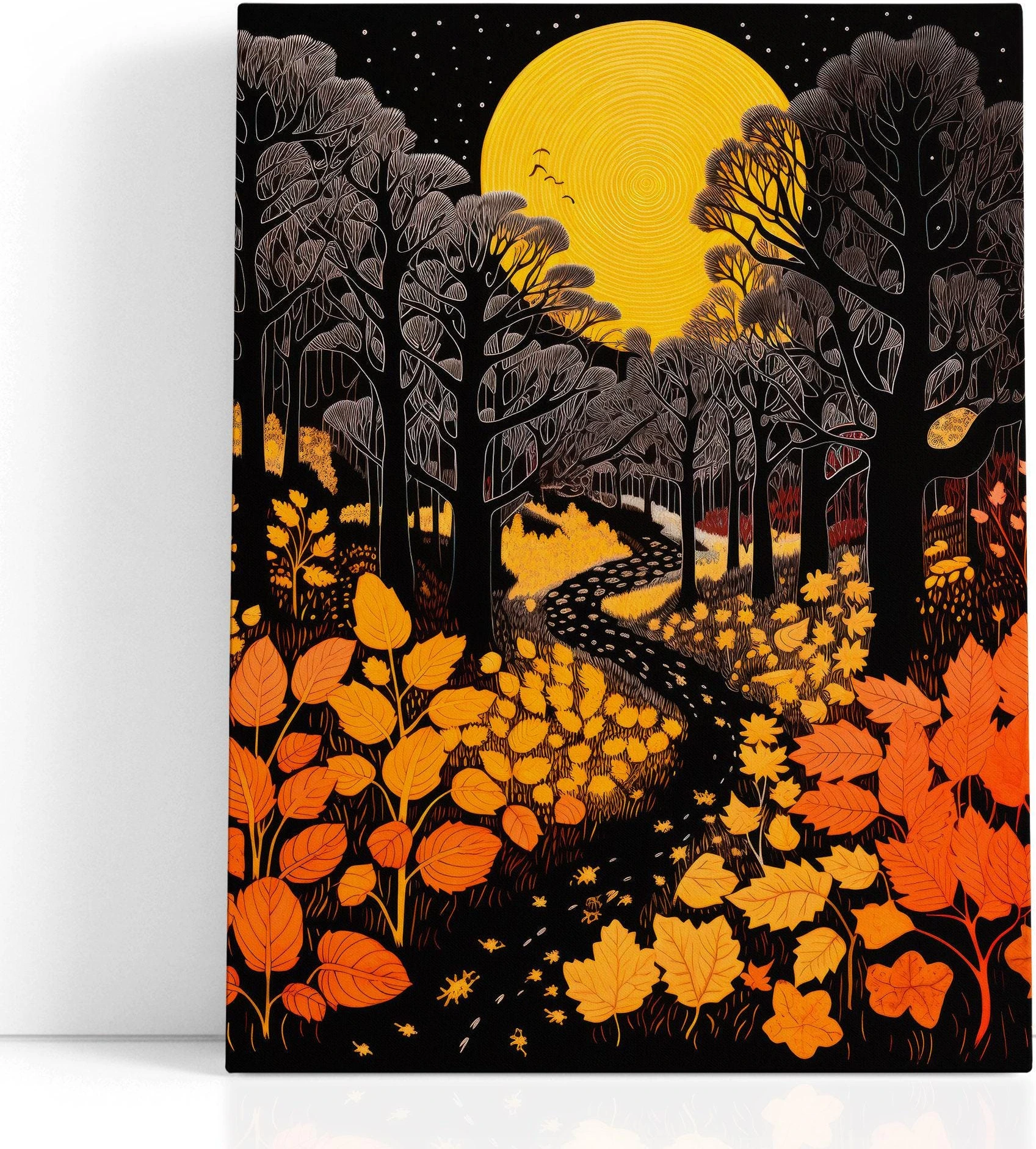 Moonlit autumn forest with glowing yellow moon, dark tree silhouettes and falling orange leaves detail view