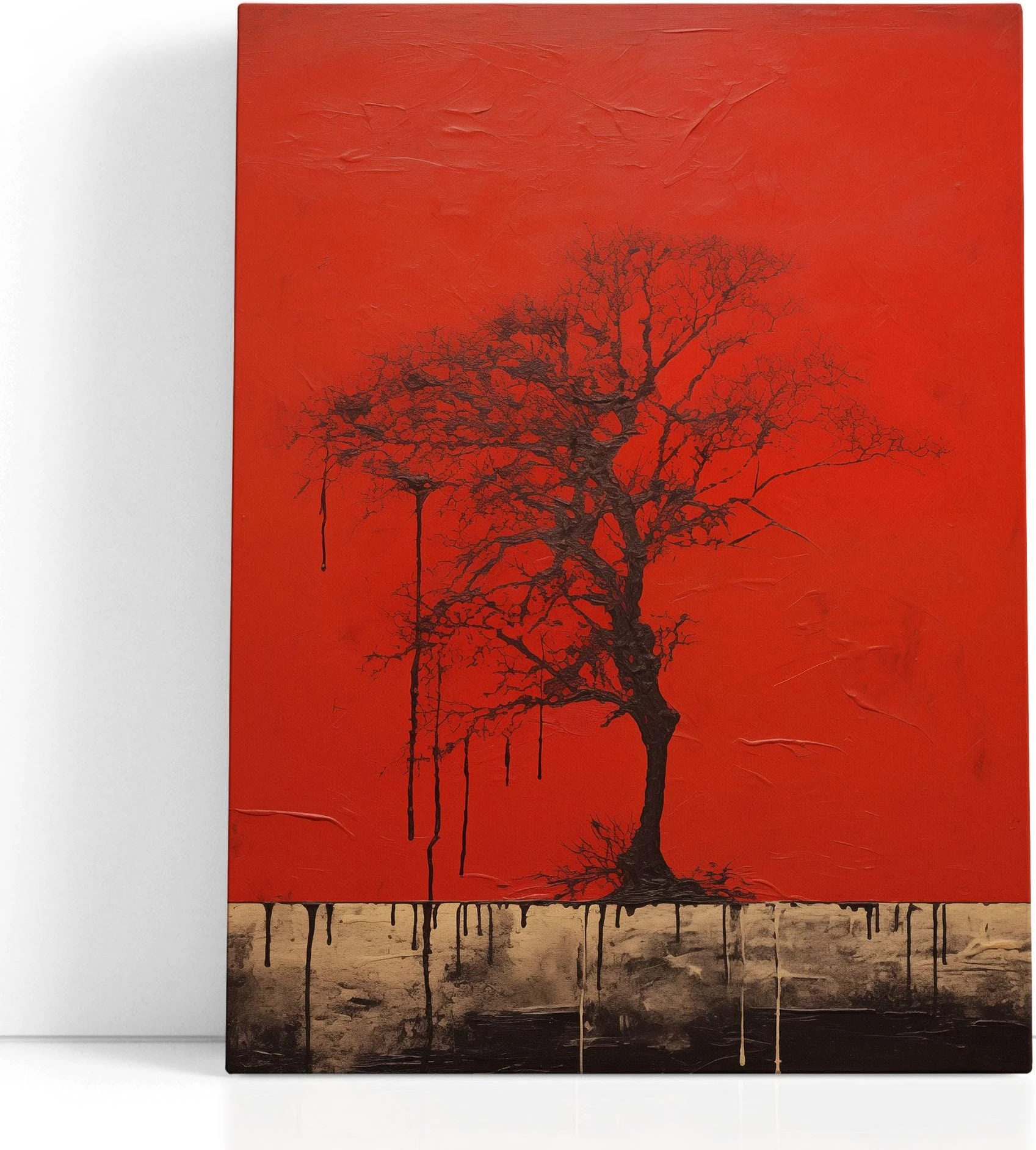 Crimson tree silhouette wall art with dark branches and dripped charcoal details detail view