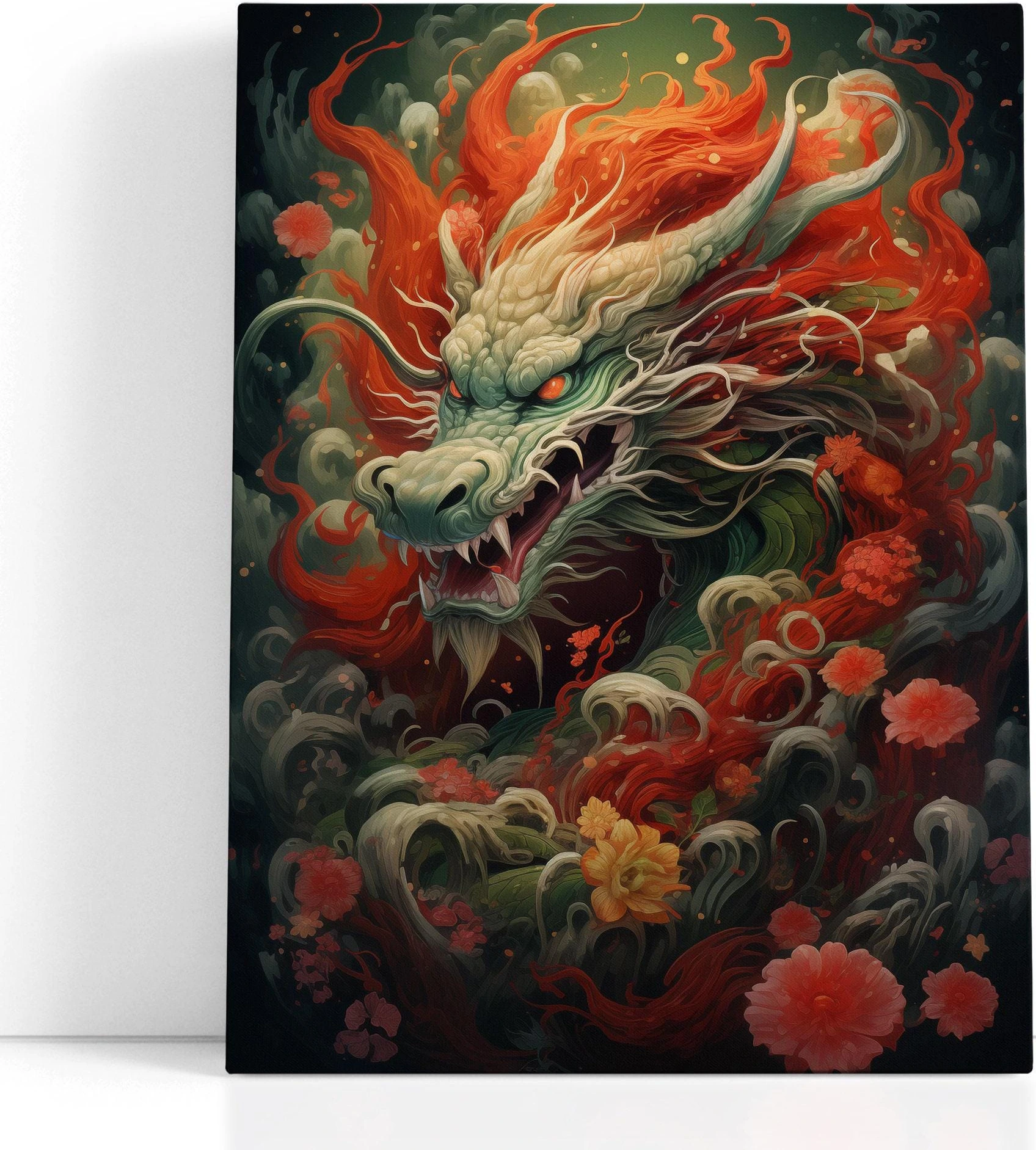 Fierce fantasy dragon with glowing orange eyes and red-orange flames amid dark swirling clouds and blossoms detail view