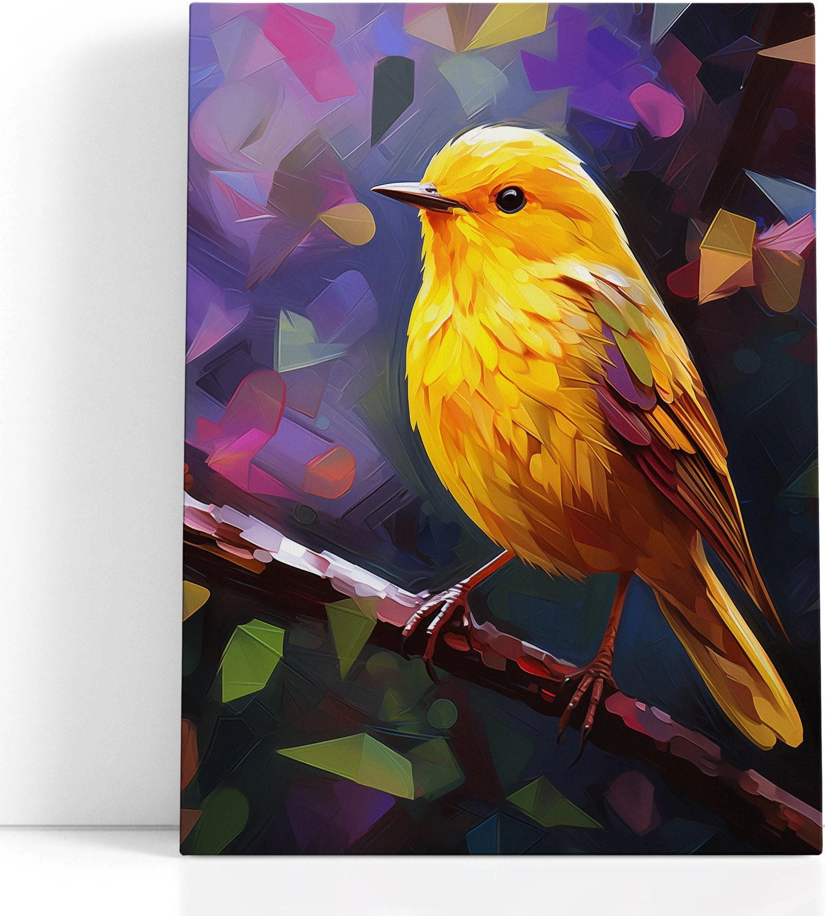 Stylised yellow and orange bird portrait with layered feathers on a purple and pink geometric background detail view
