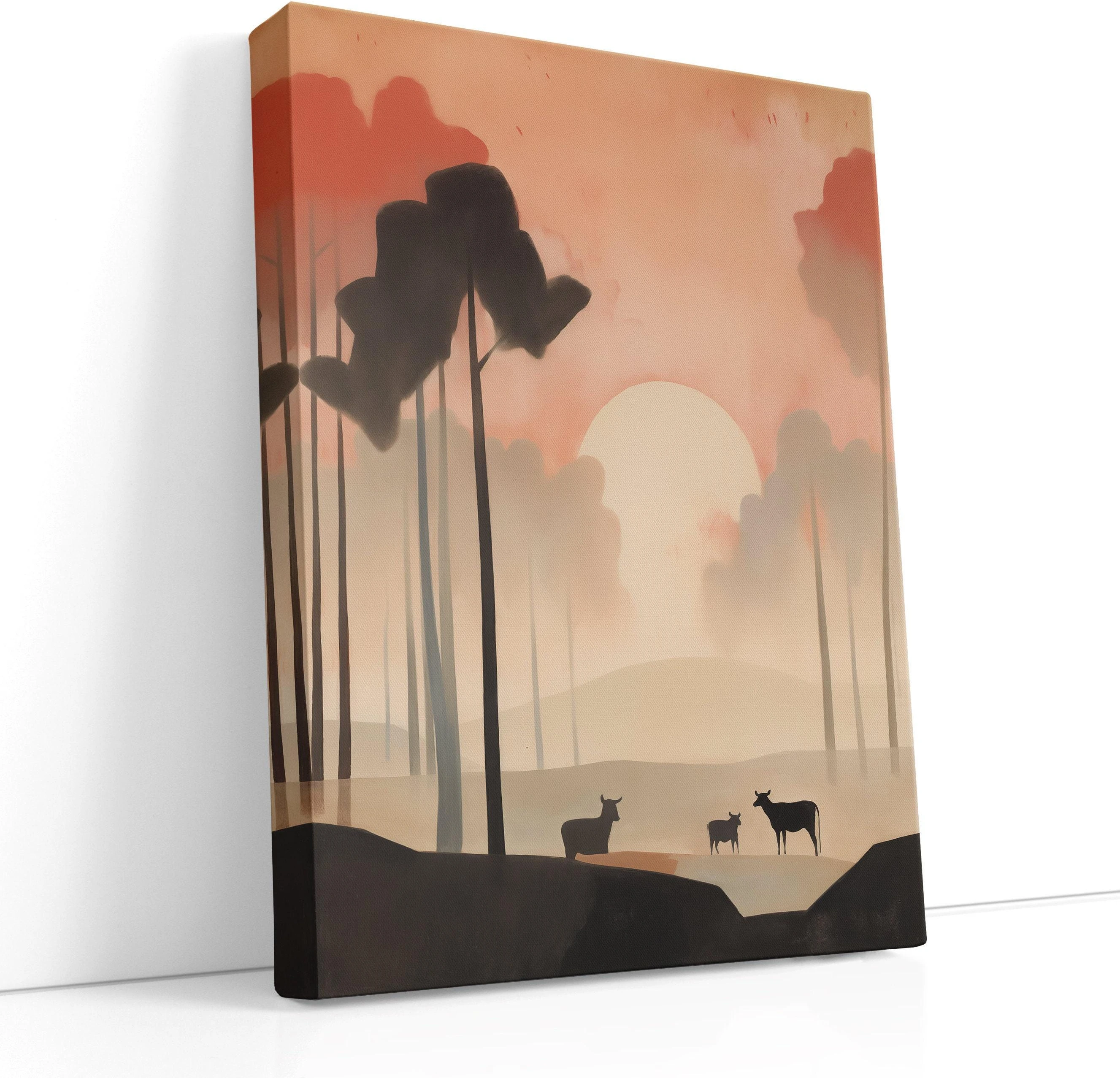 Terracotta and blush deer forest sunset artwork with tall tree silhouettes and three standing deer