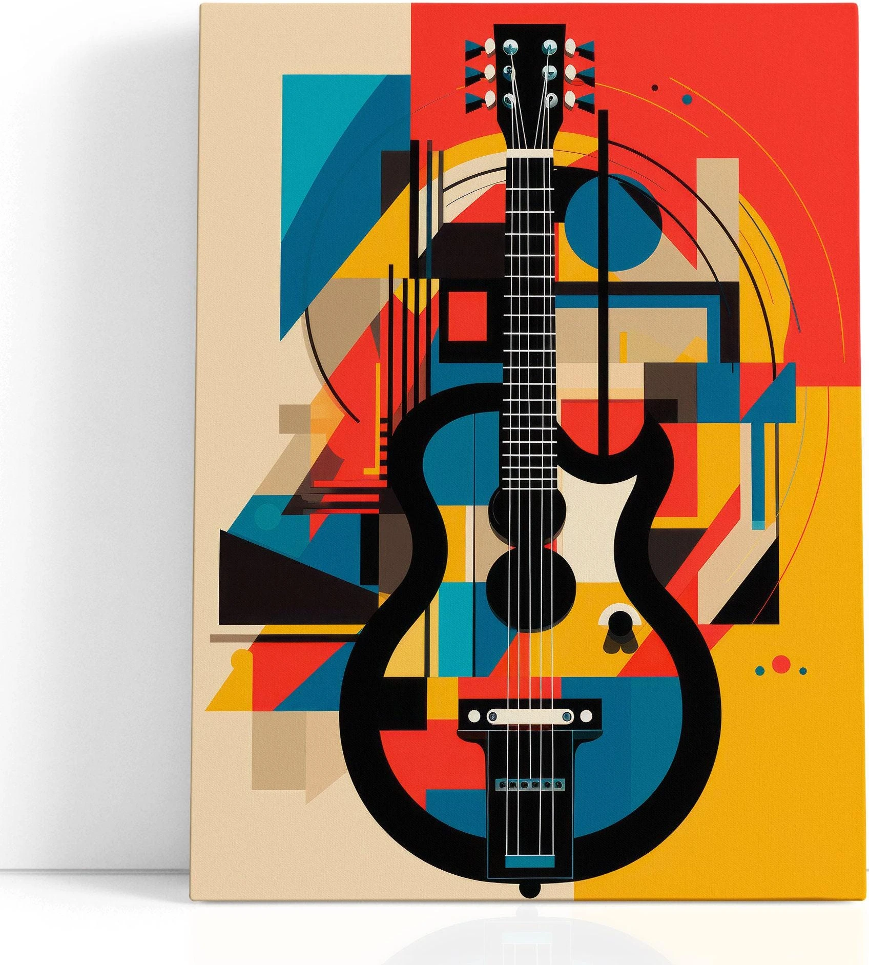 Stylised black guitar with visible strings on a geometric red, teal and yellow pop-art background detail view