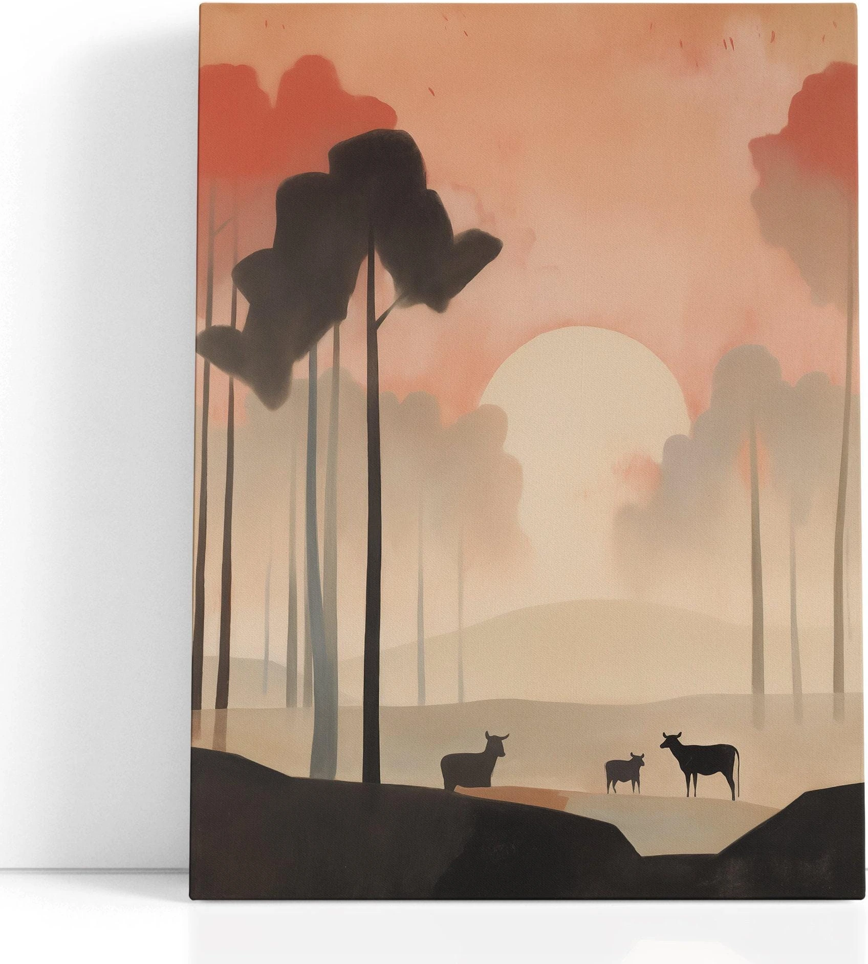 Terracotta and blush deer forest sunset artwork with tall tree silhouettes and three standing deer detail view