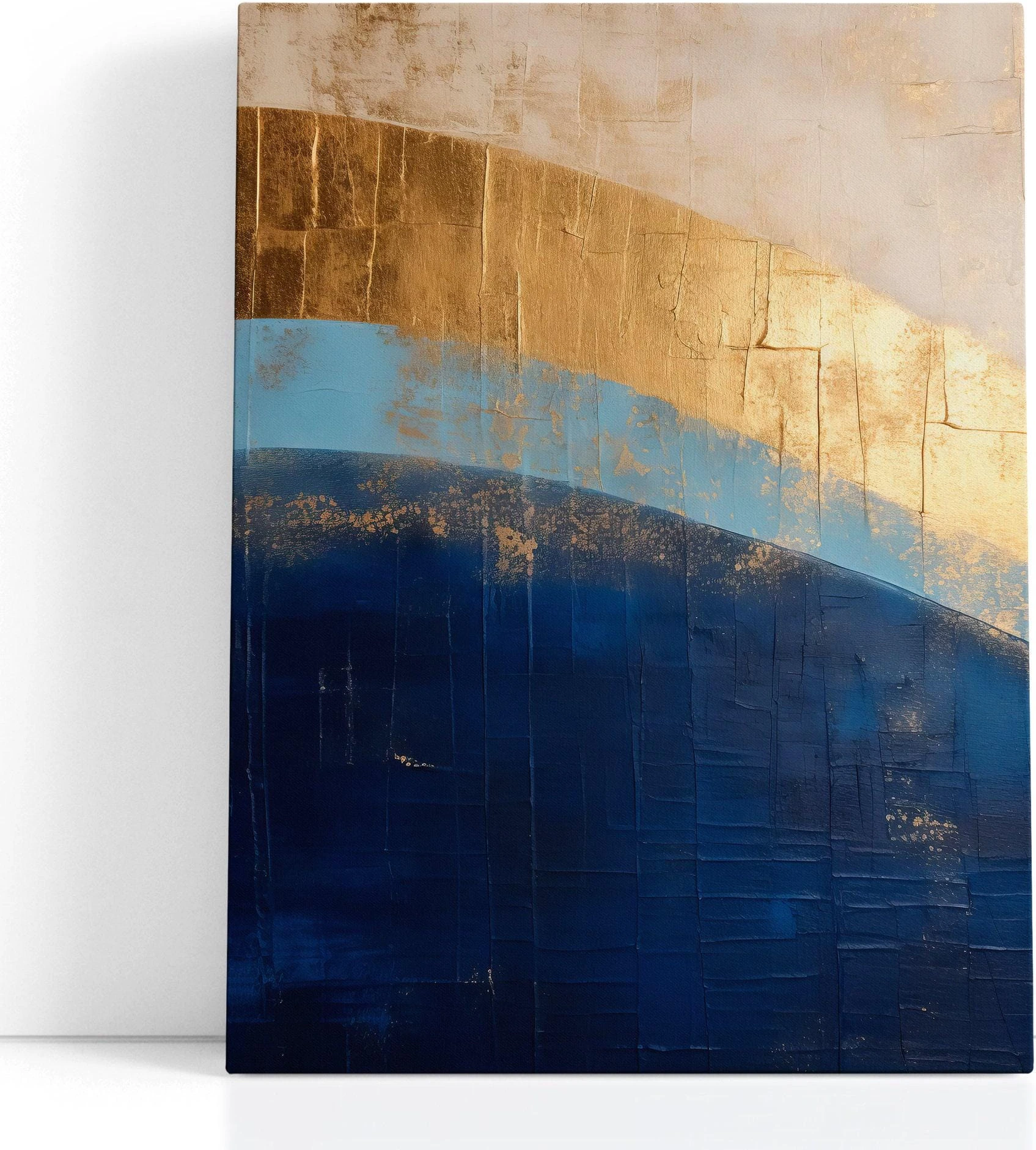 Abstract horizon artwork with navy and turquoise panels and warm gold highlights detail view