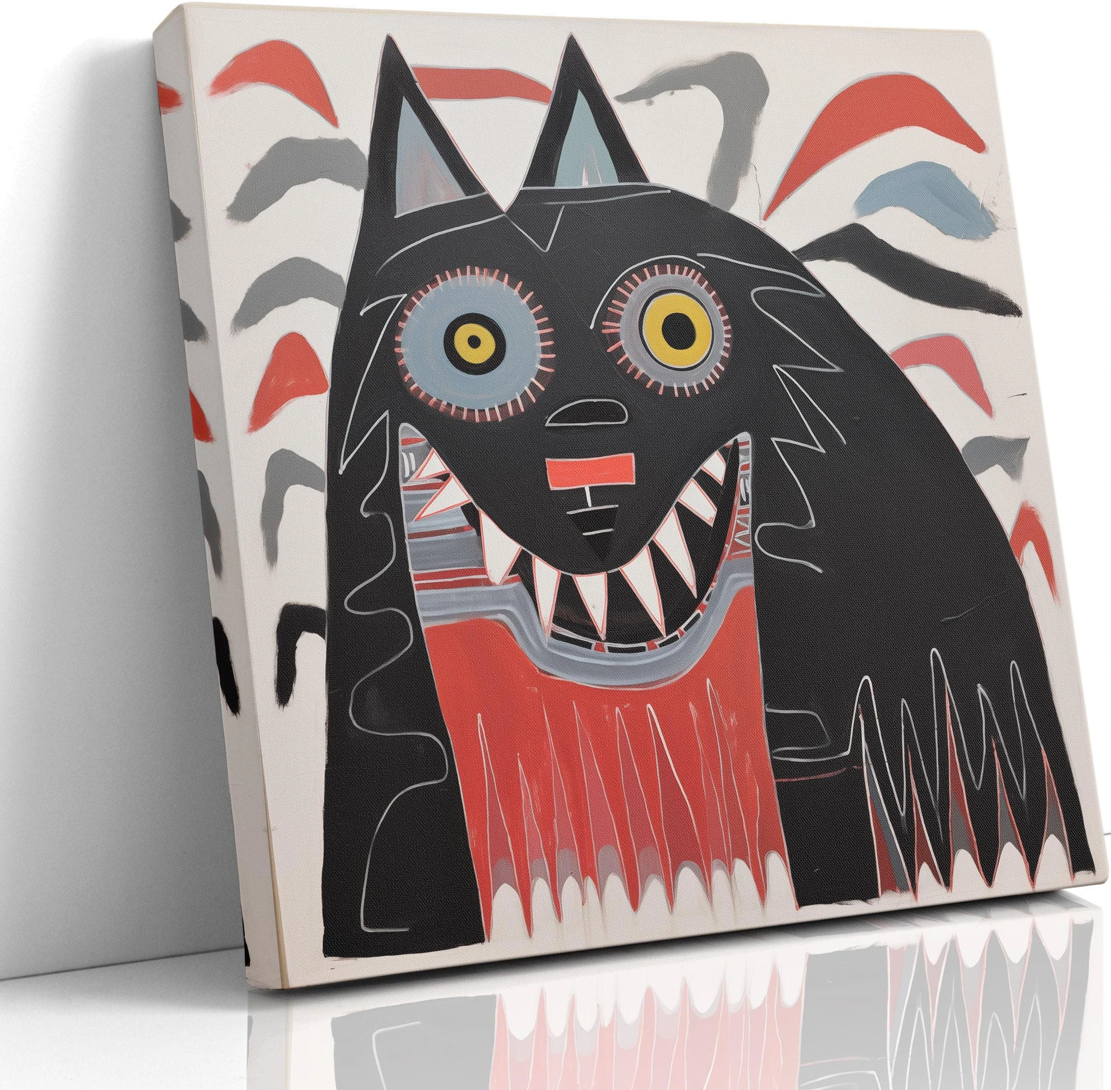 Stylised black cat with bright round eyes, coral-red and dusty-blue accents on a cream background