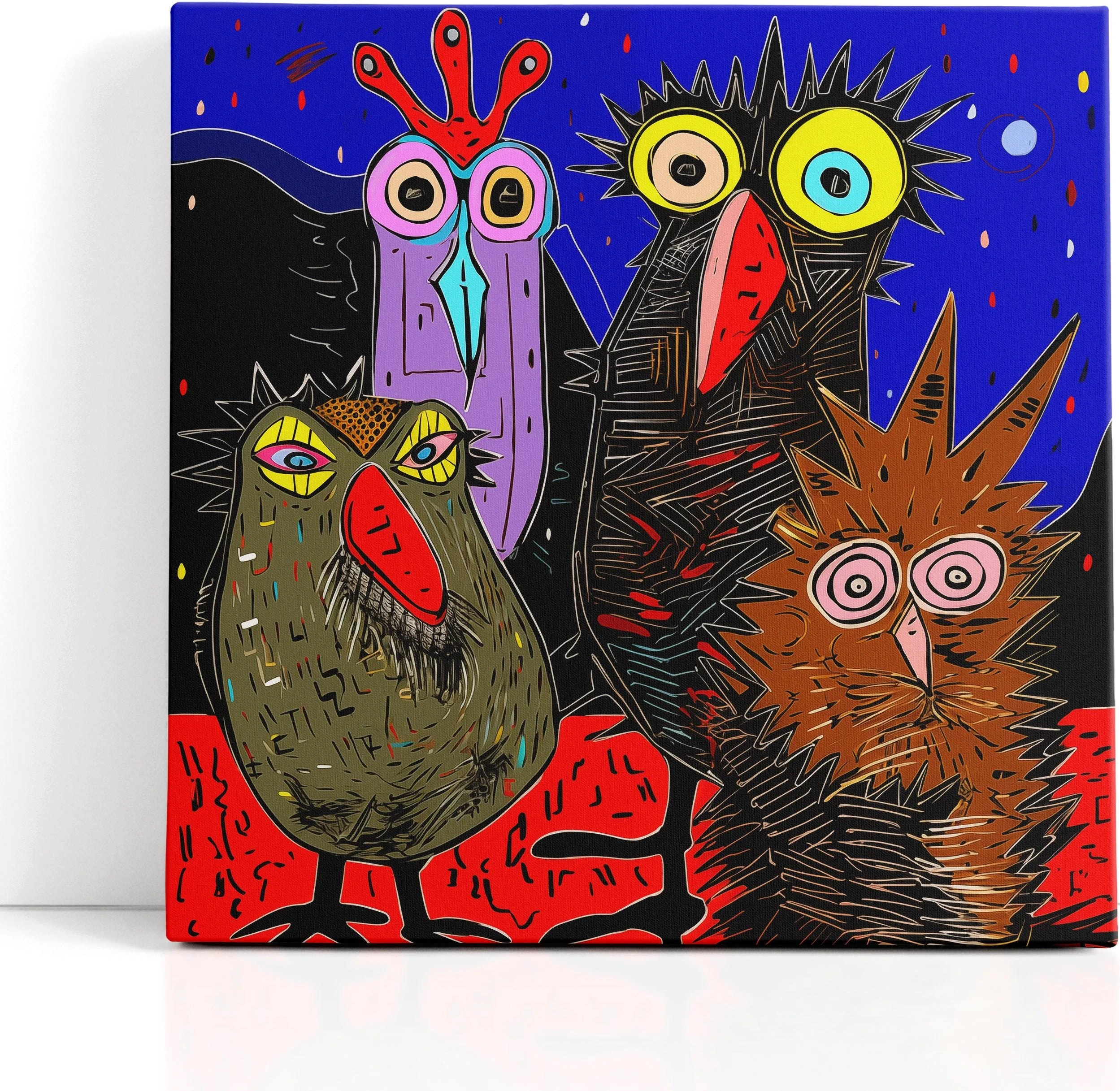 Colourful owl quartet illustration with oversized eyes on an electric blue rainy sky detail view