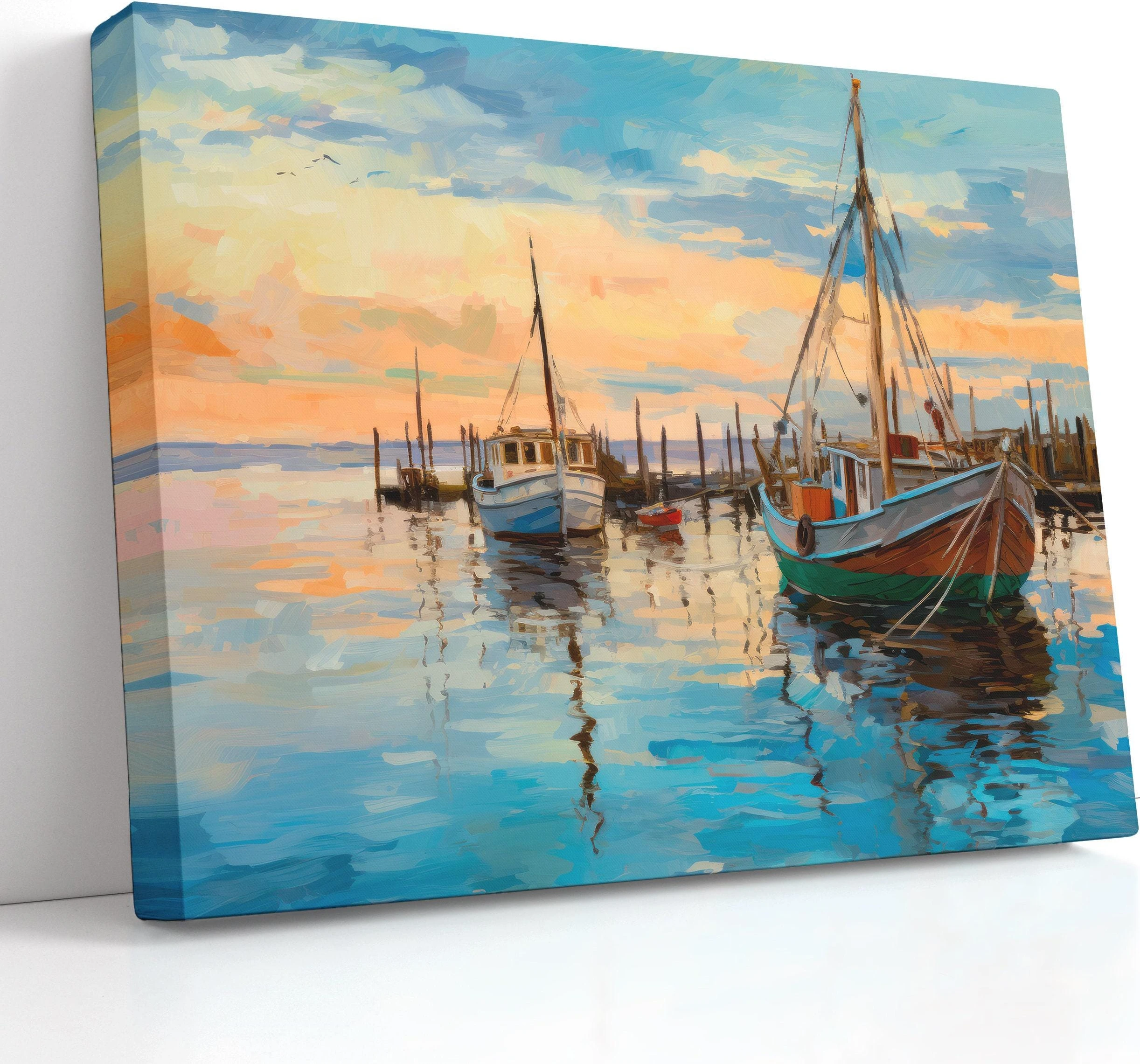 Harbour seascape painting with moored boats, aqua sky and peach sunset clouds, and reflective water ripples