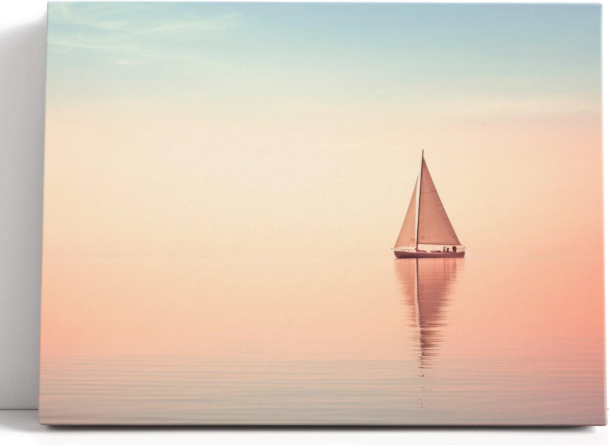 Bedroom scene with a framed pastel sailboat seascape above a bed