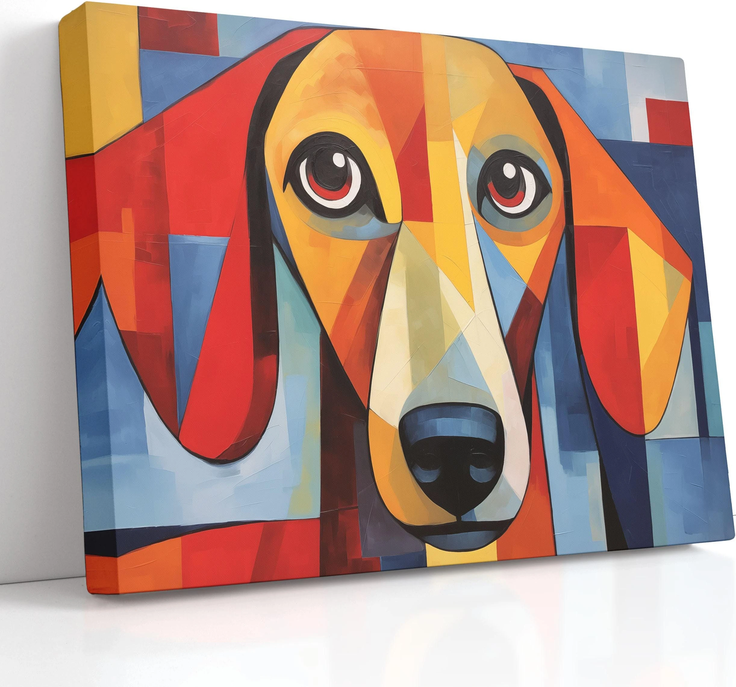 Geometric pop-cubist dachshund portrait in red, blue and mustard tones with big expressive eyes