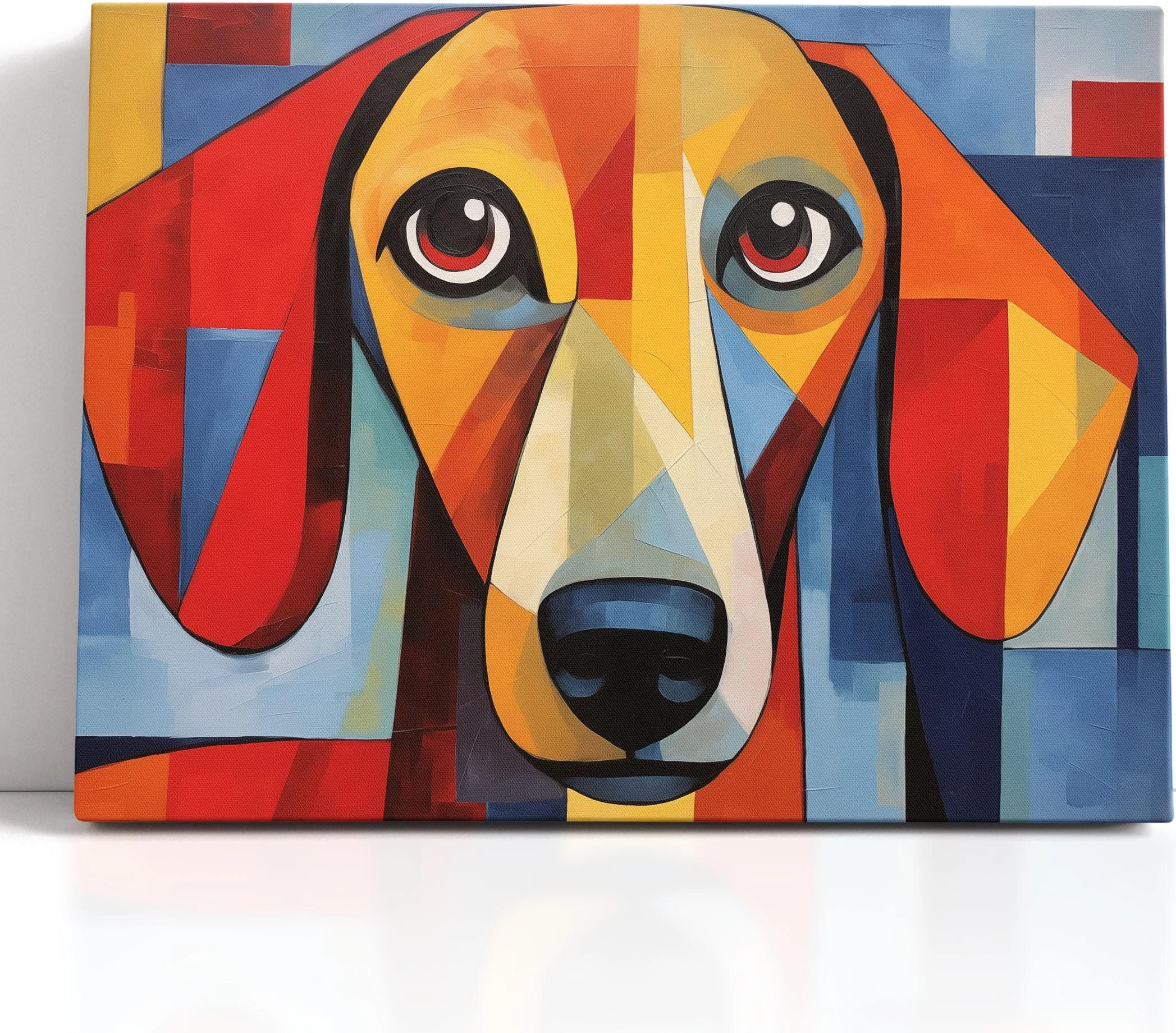 Geometric pop-cubist dachshund portrait in red, blue and mustard tones with big expressive eyes detail view