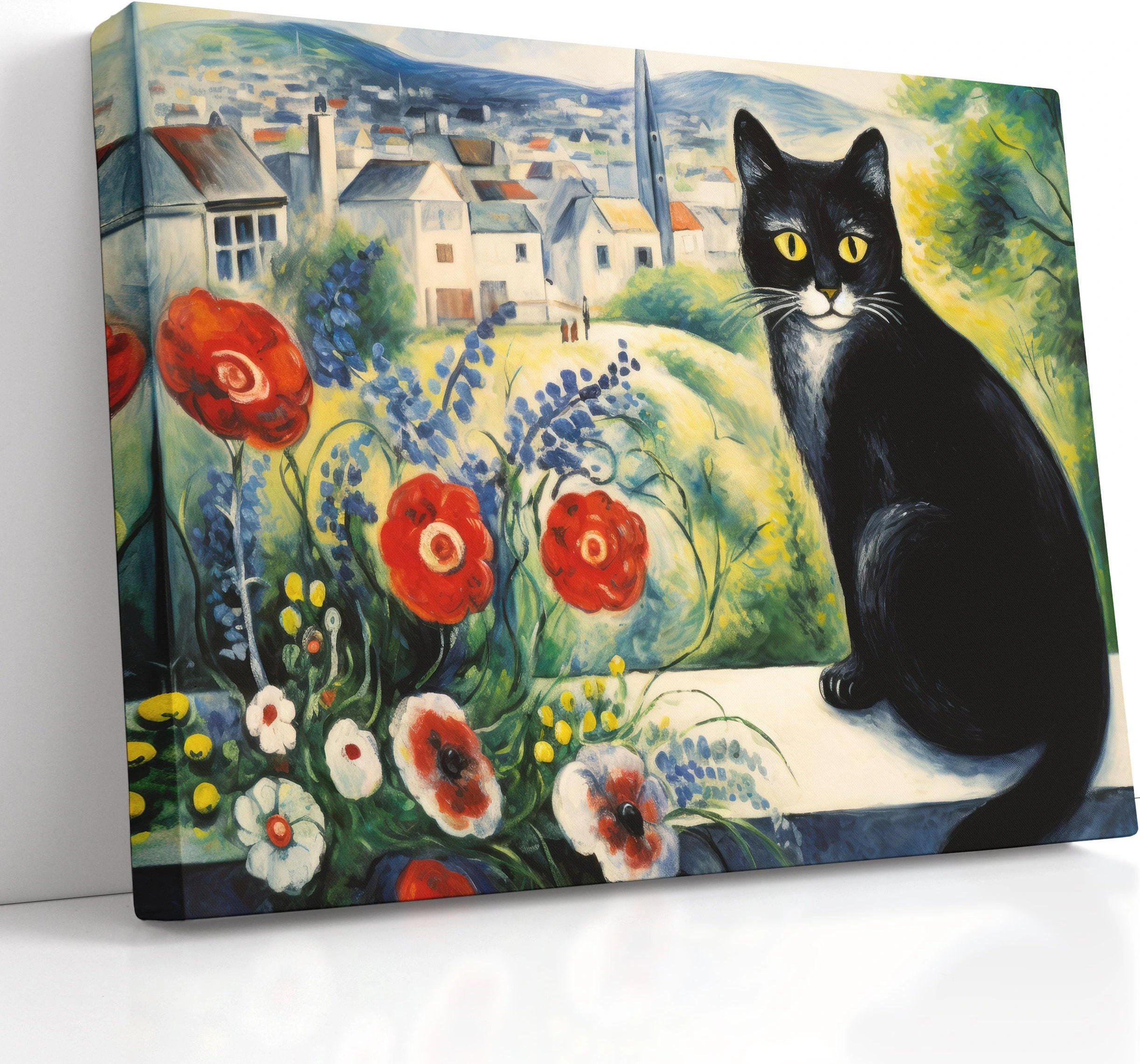 Black cat with bright yellow eyes beside red poppies and a painted village background