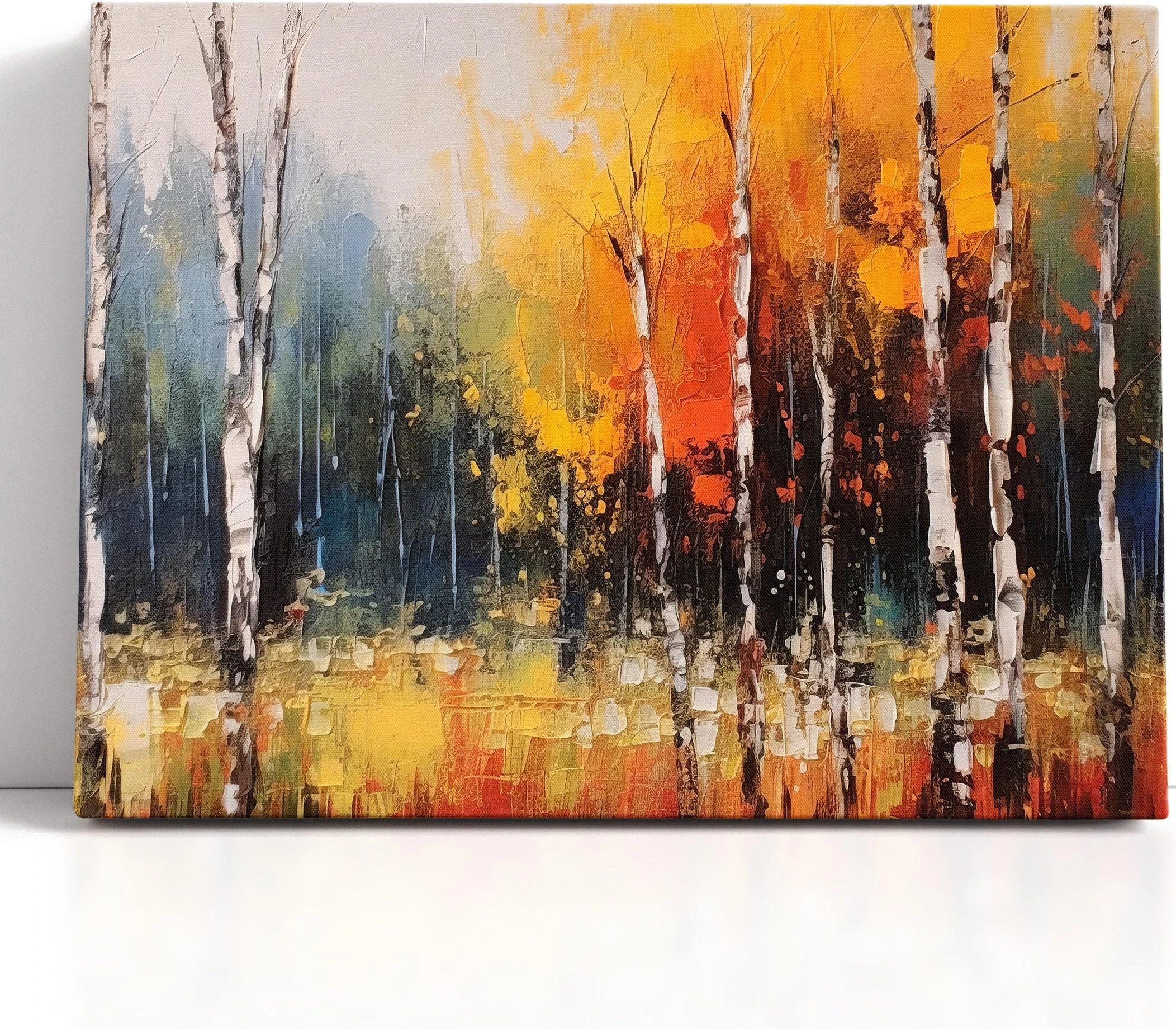 Autumn forest painting with tall pale birch-like trunks in gold, orange and teal tones detail view