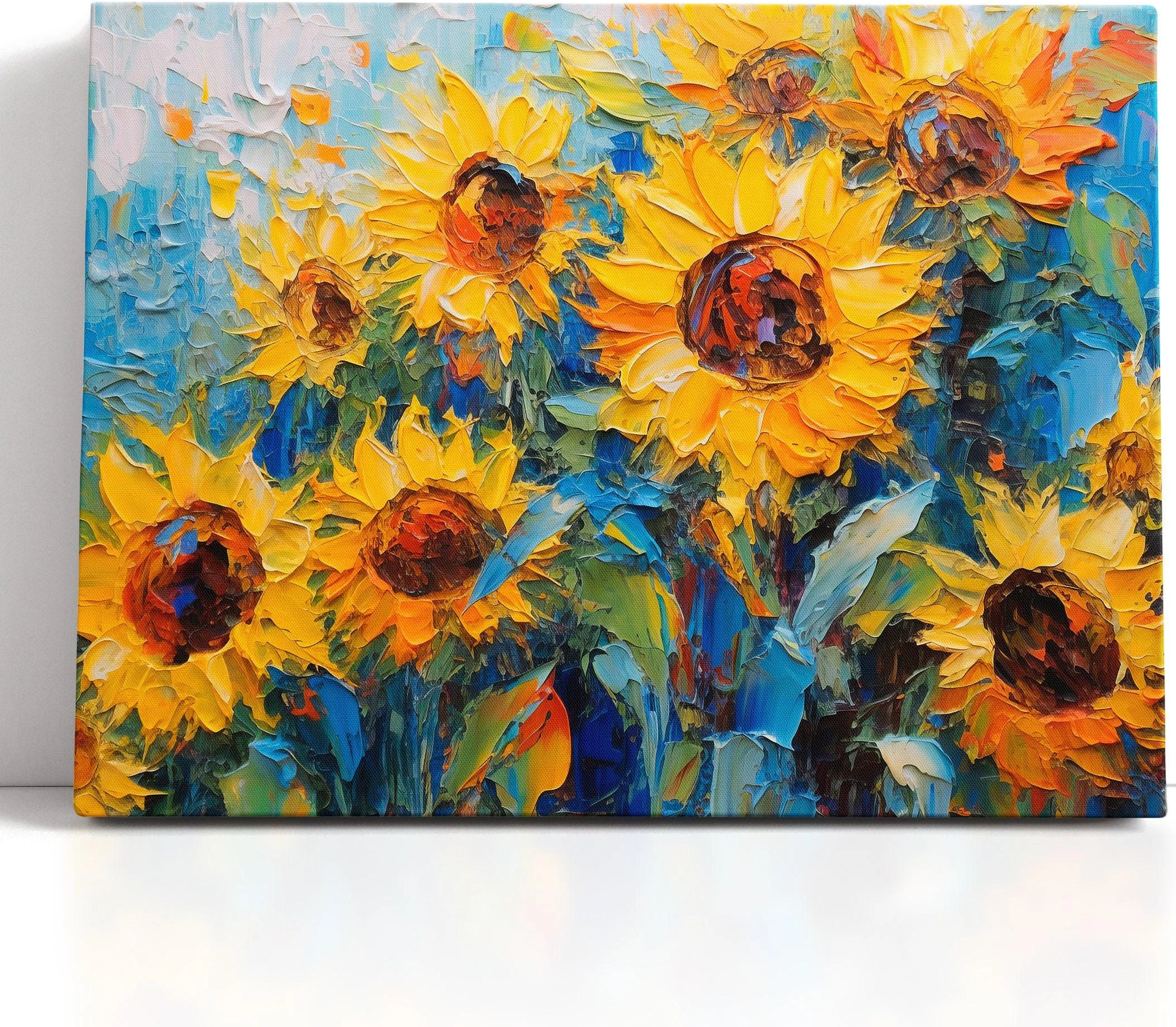 Textured sunflower artwork with bright yellow petals and teal-blue foliage detail view