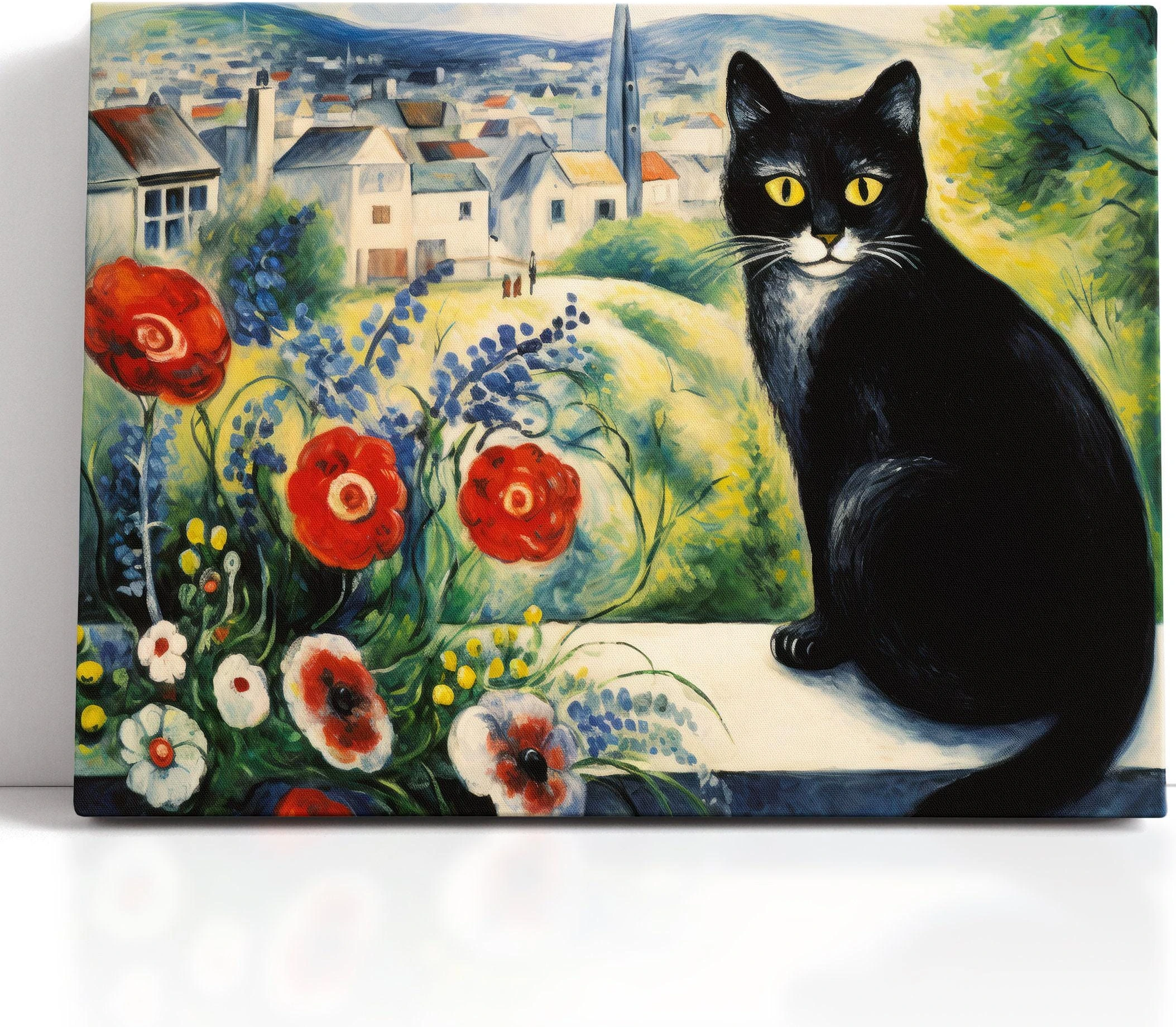 Black cat with bright yellow eyes beside red poppies and a painted village background detail view