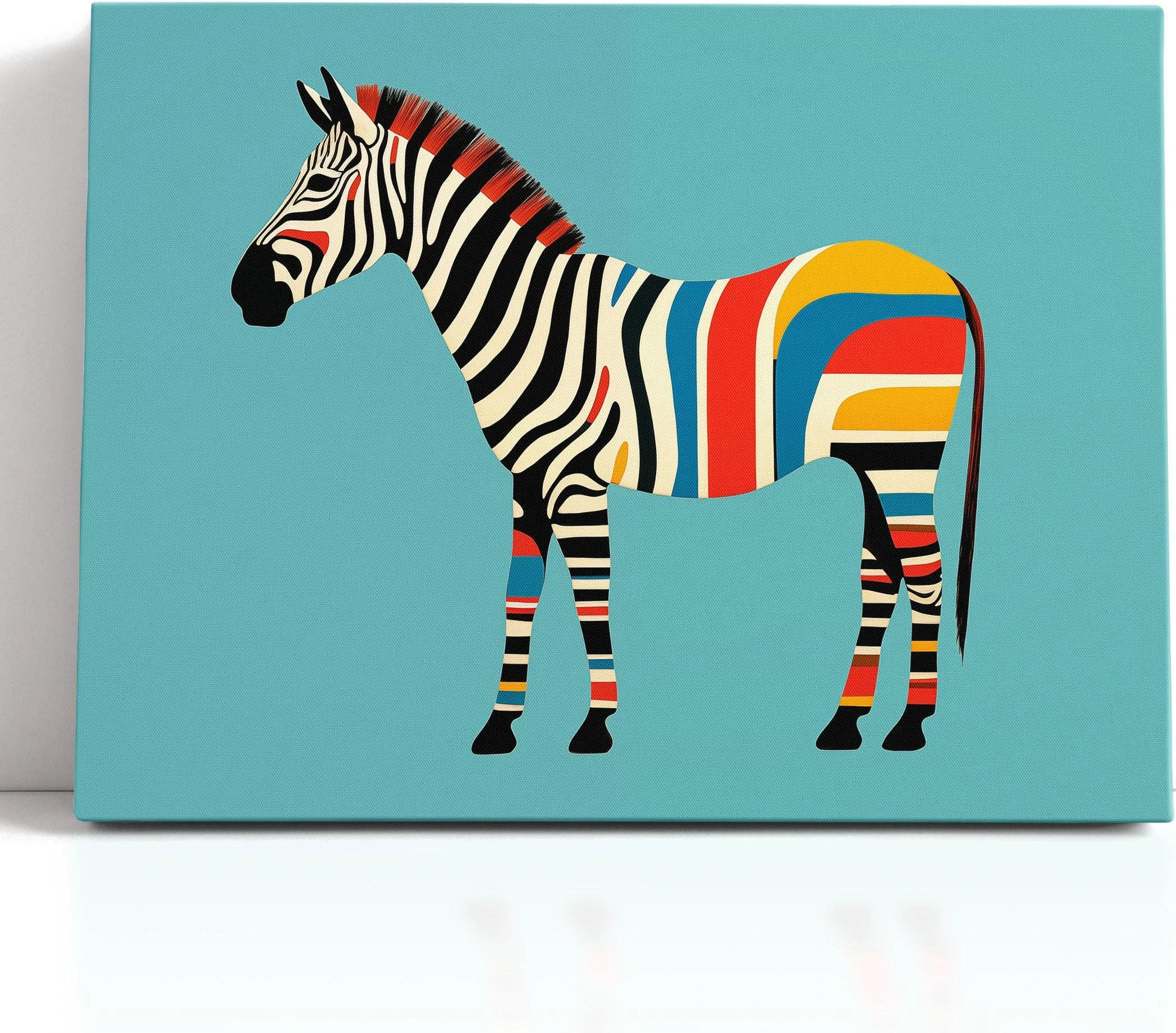 Rainbow striped zebra on a teal background with bright red, yellow, orange and blue accents detail view