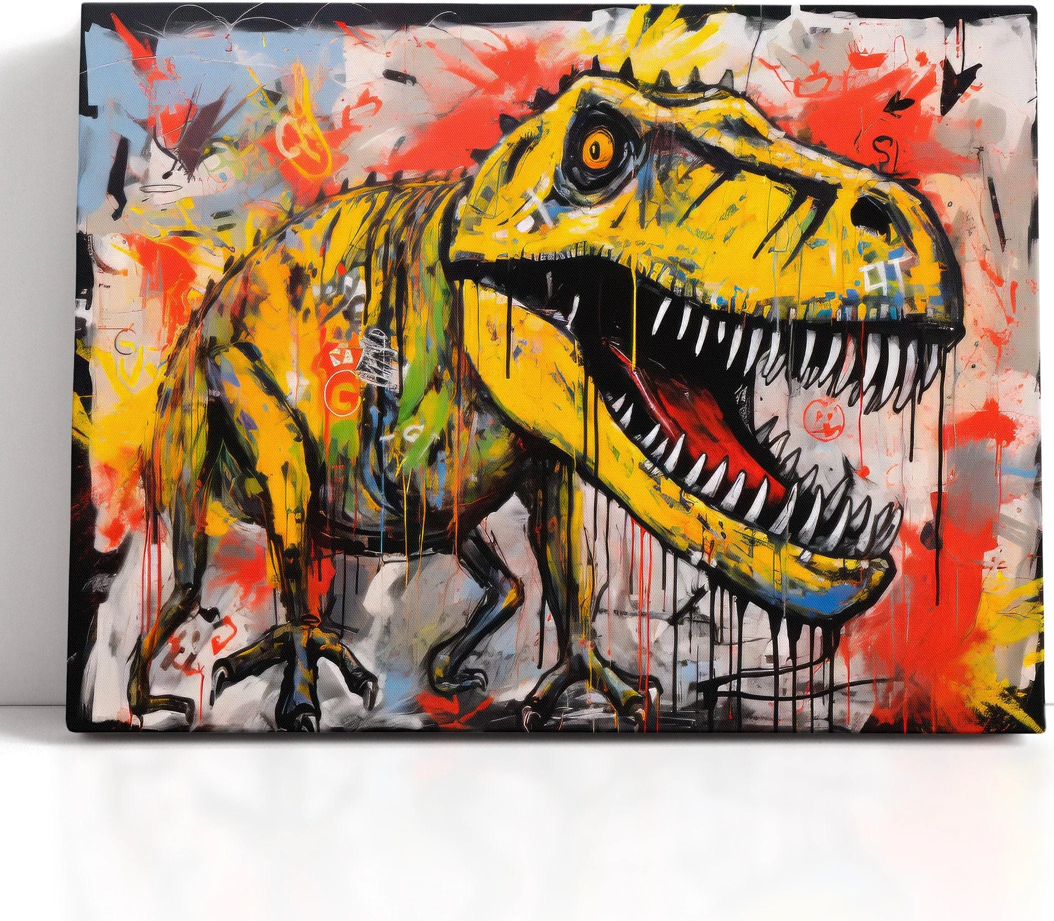 Graffiti-style roaring T-Rex dinosaur with bright yellow and red paint and black outline detail view