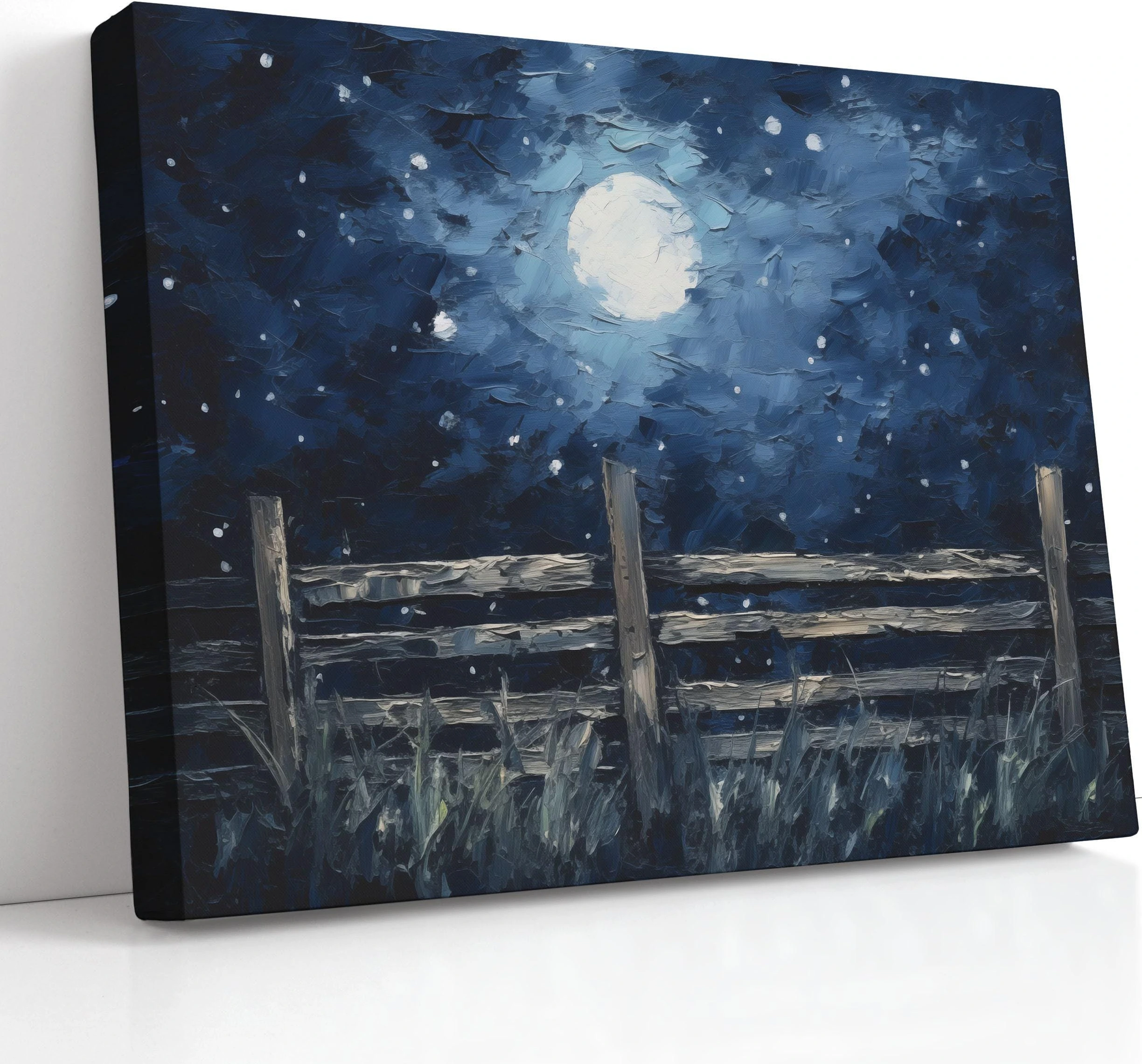 Moonlit night landscape in deep navy blue with a bright full moon and a dark fence