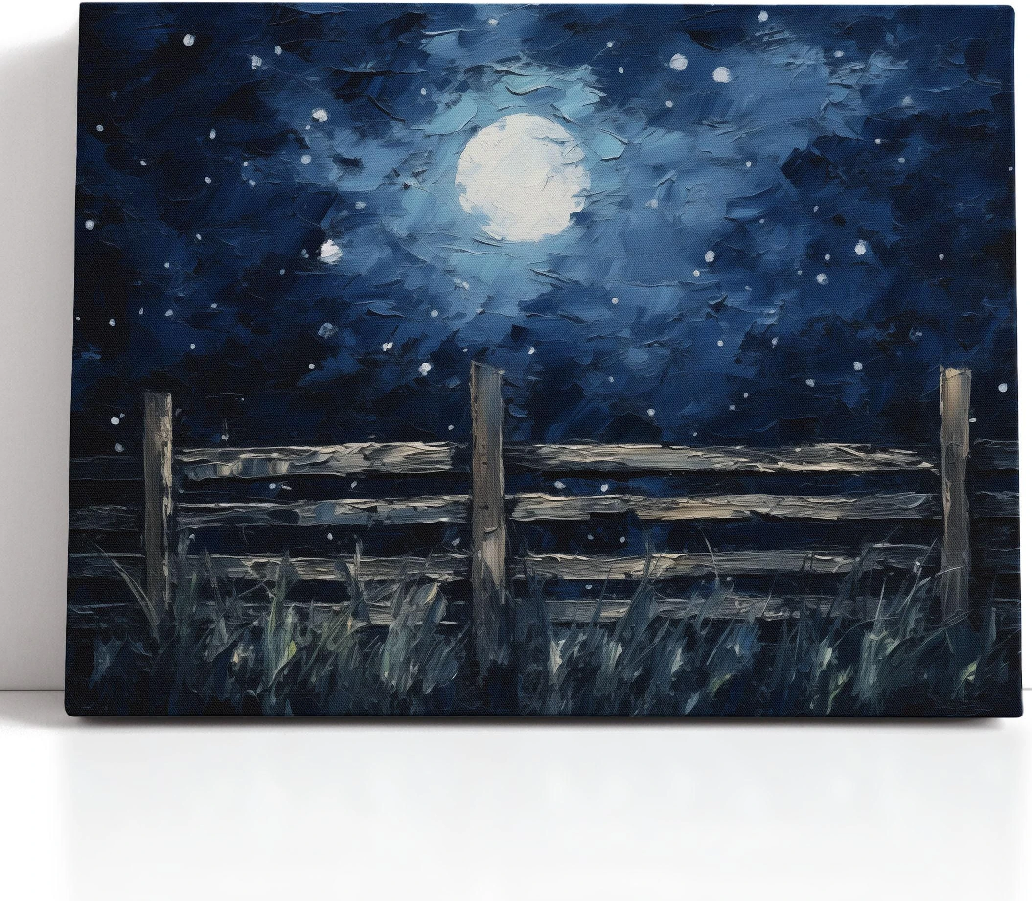 Moonlit night landscape in deep navy blue with a bright full moon and a dark fence detail view