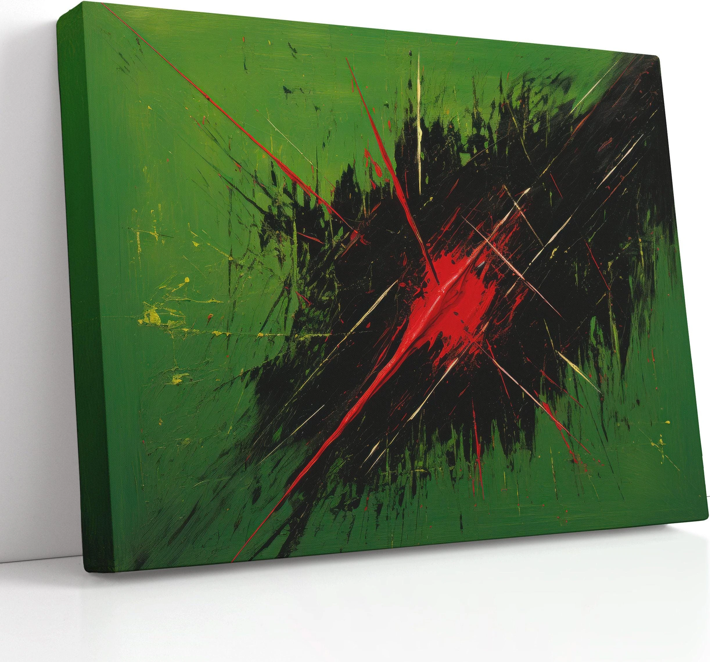 An emerald green abstract canvas shows a dark burst centre with jagged black textures, sharp red and gold streaks, and crossing lines