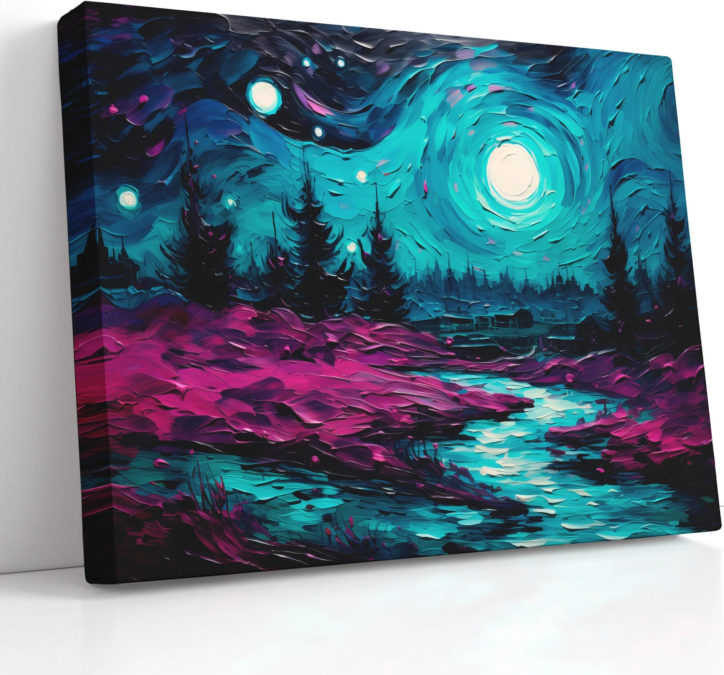 Neon moonlit forest scene with teal swirling sky, bright moon, and magenta highlights