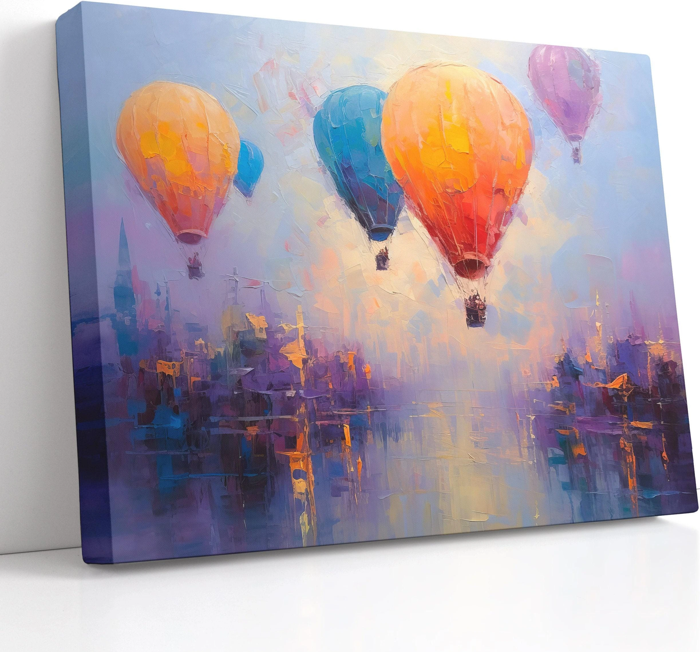 Three colourful hot air balloons floating above a stylised city at sunset