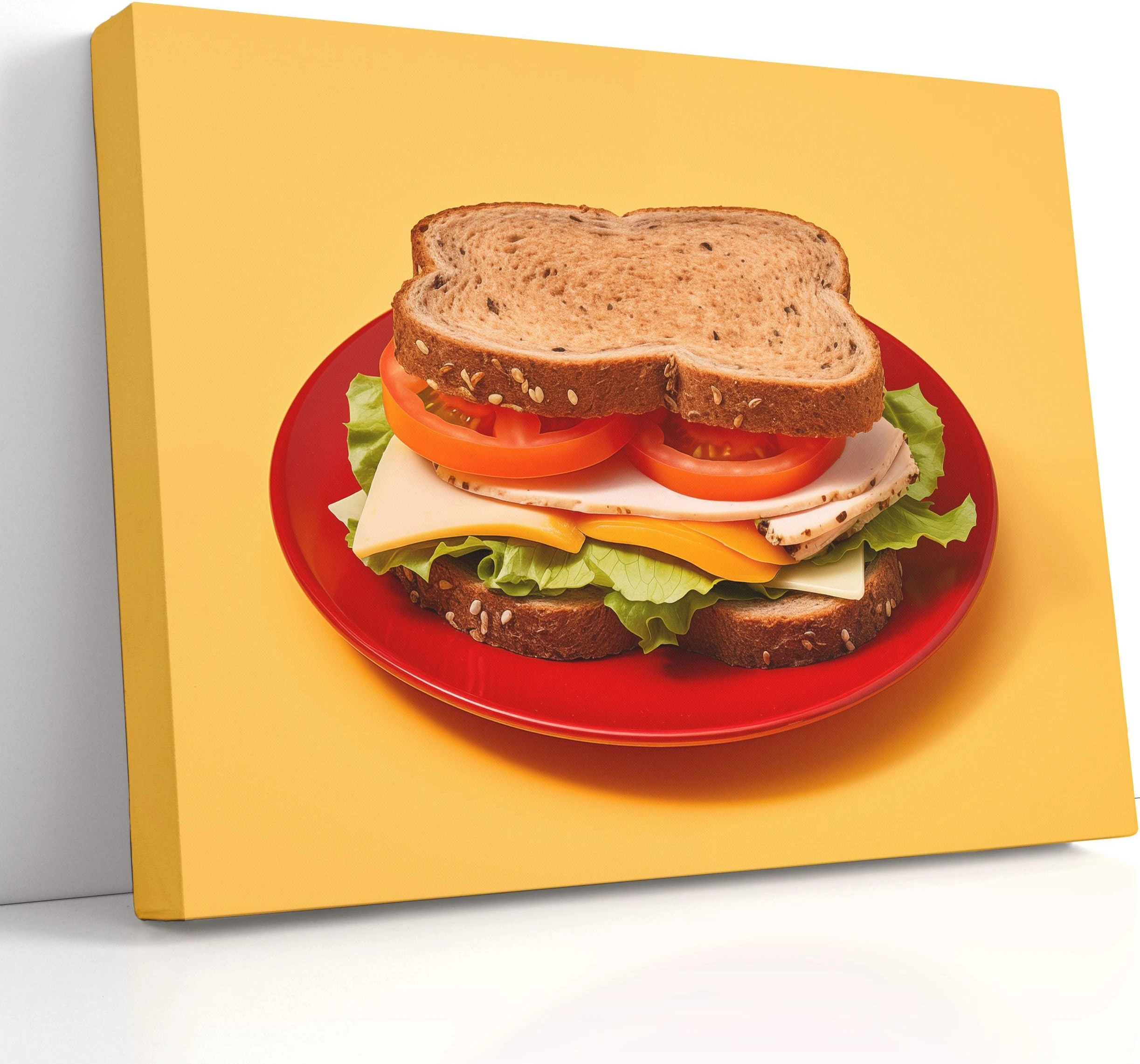 A retro food-themed image shows stacked sandwich slices on a red plate against a mustard-yellow background with bold, high-contrast colours