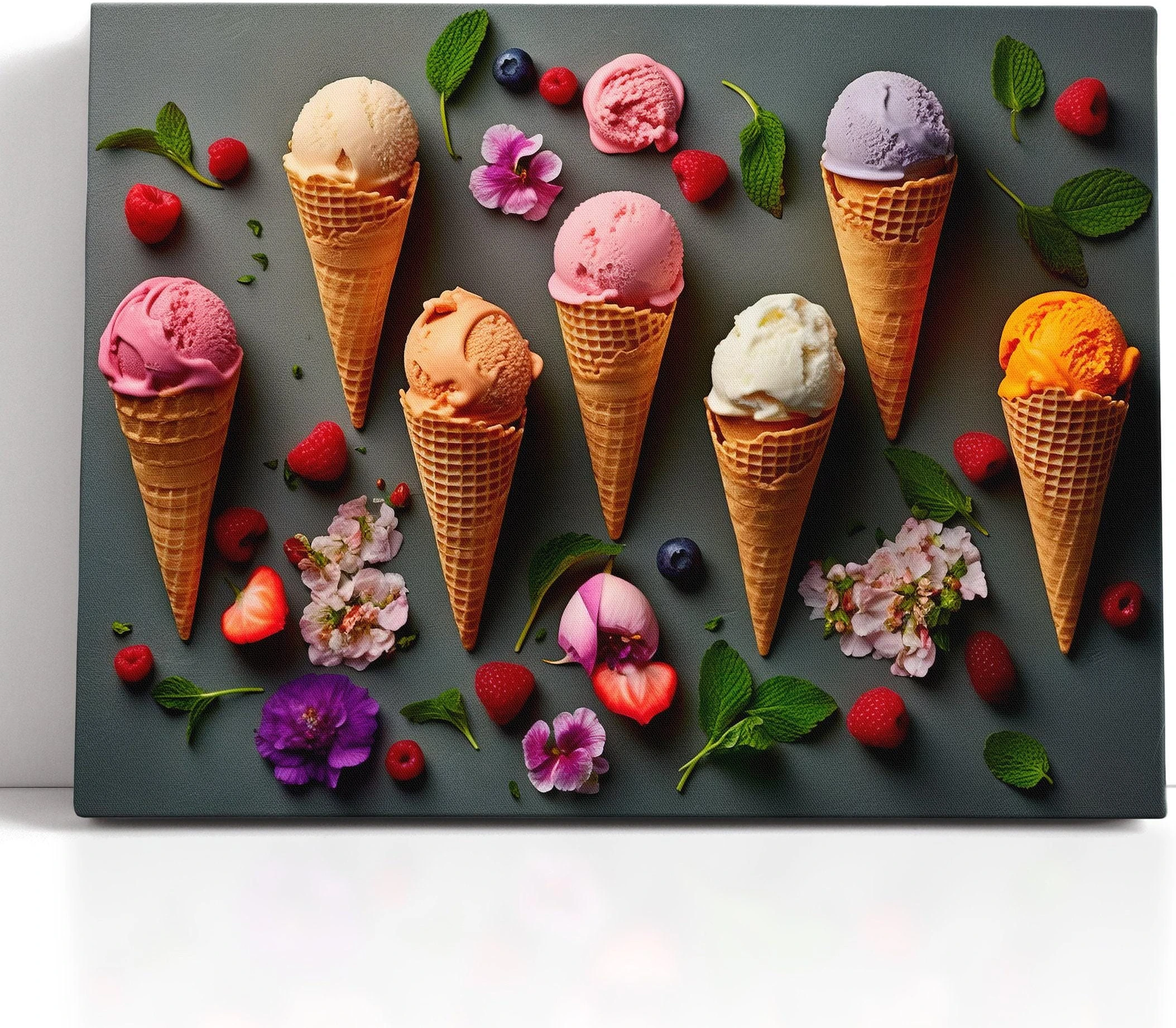 A colourful arrangement of ice-cream cones, scoops and berries sits on a dark grey background, surrounded by scattered flowers and mint leaves detail