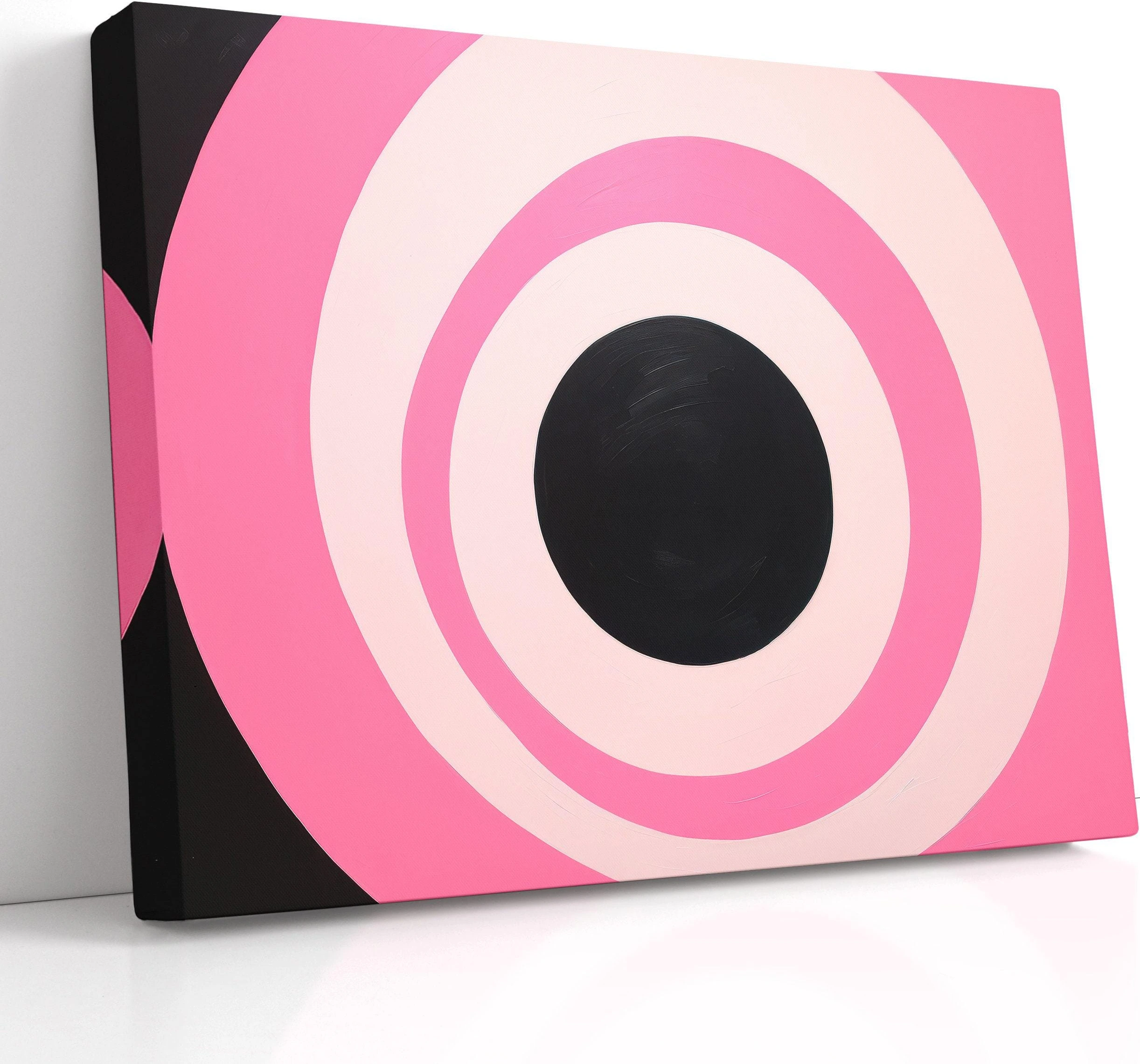 Hot pink and black concentric circles geometric artwork with pale ivory rings