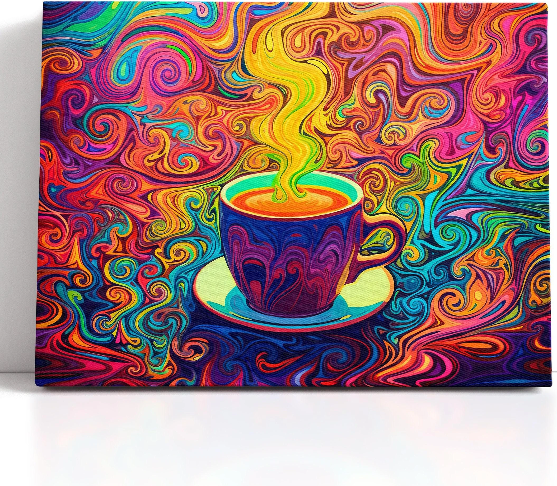 A vivid neon swirl illustration shows a purple coffee cup with rainbow steam, surrounded by tightly curling ornamental patterns detail view