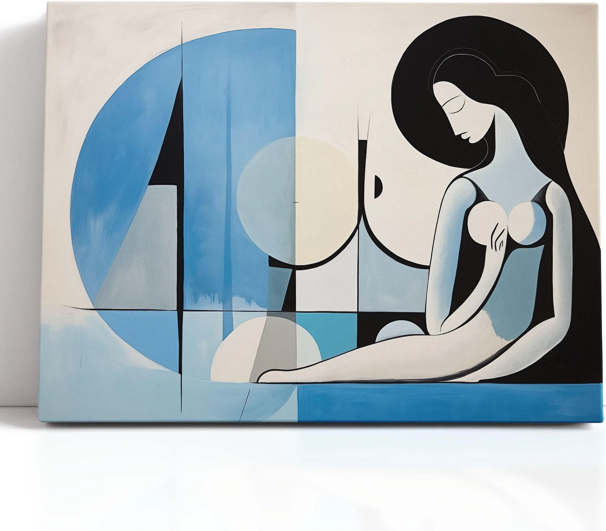 A cubist-style abstract figure in black outlines sits alongside large blue geometric shapes on a pale cream background detail view