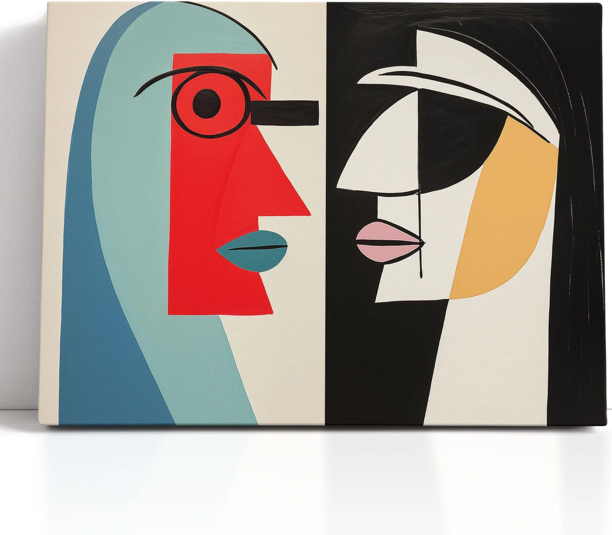 A geometric, cubist-style couple of abstract faces sits within a two-panel composition, using bold red, teal, black and white with warm ochre accents