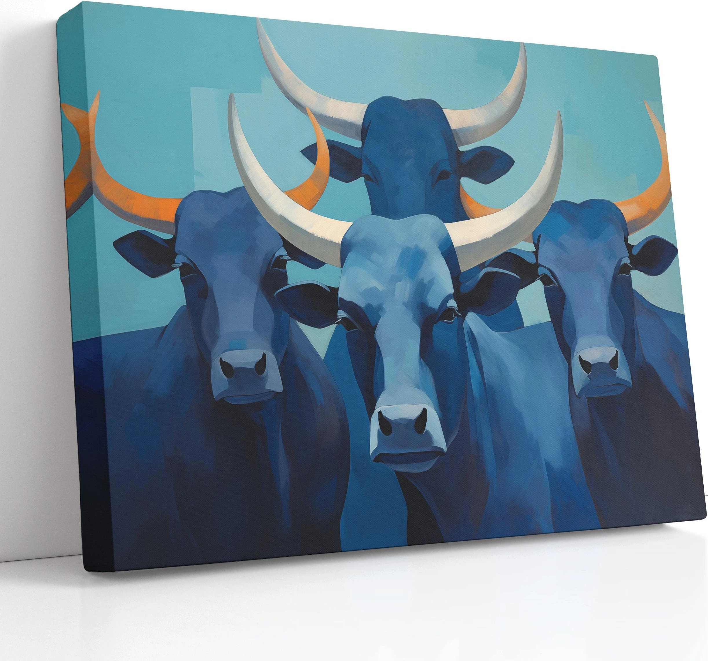 Blue longhorn herd artwork with three cattle heads and curved horns in teal and orange accents