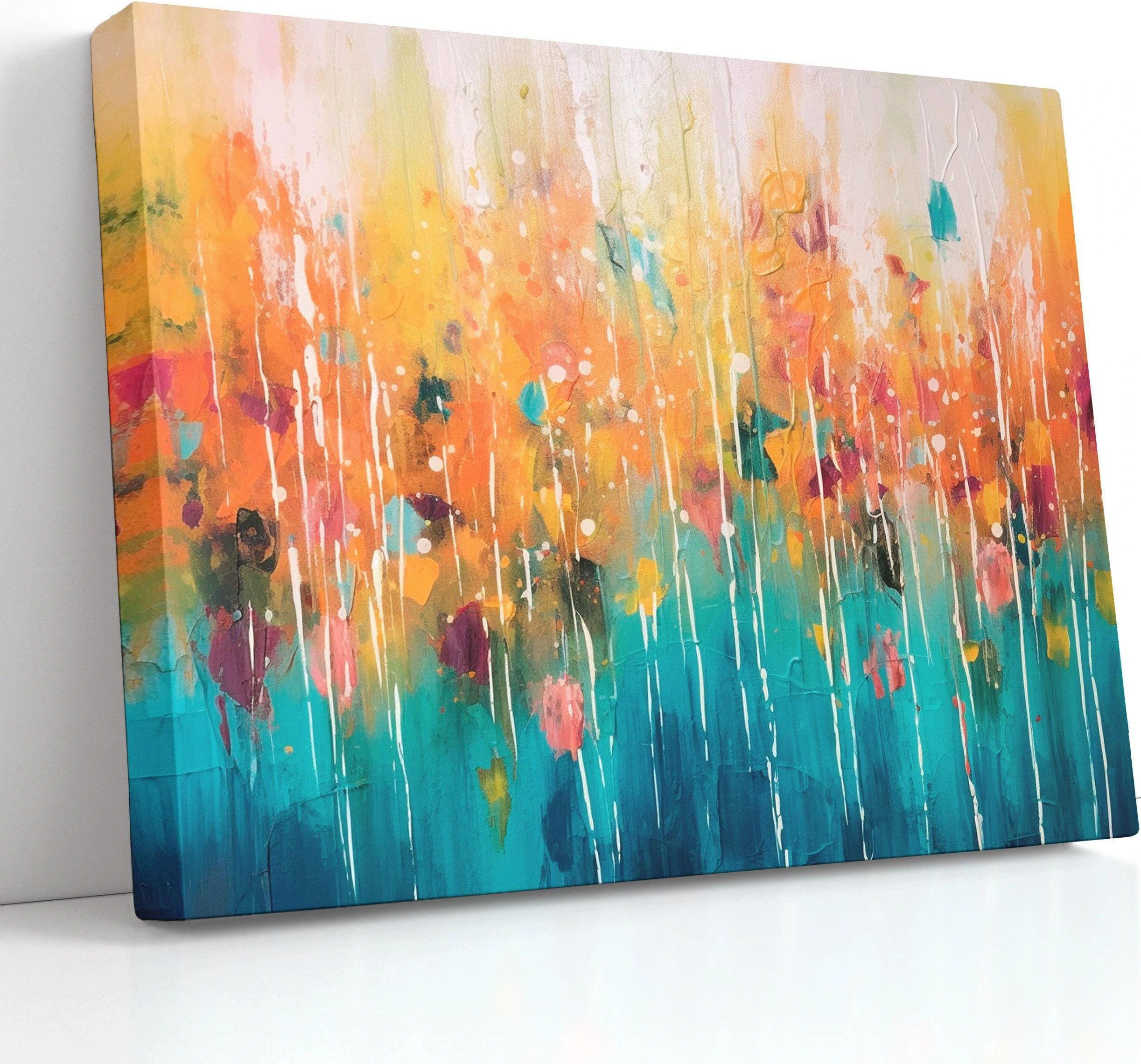 Abstract floral artwork with turquoise and teal tones, warm orange and coral accents, and white paint splatters