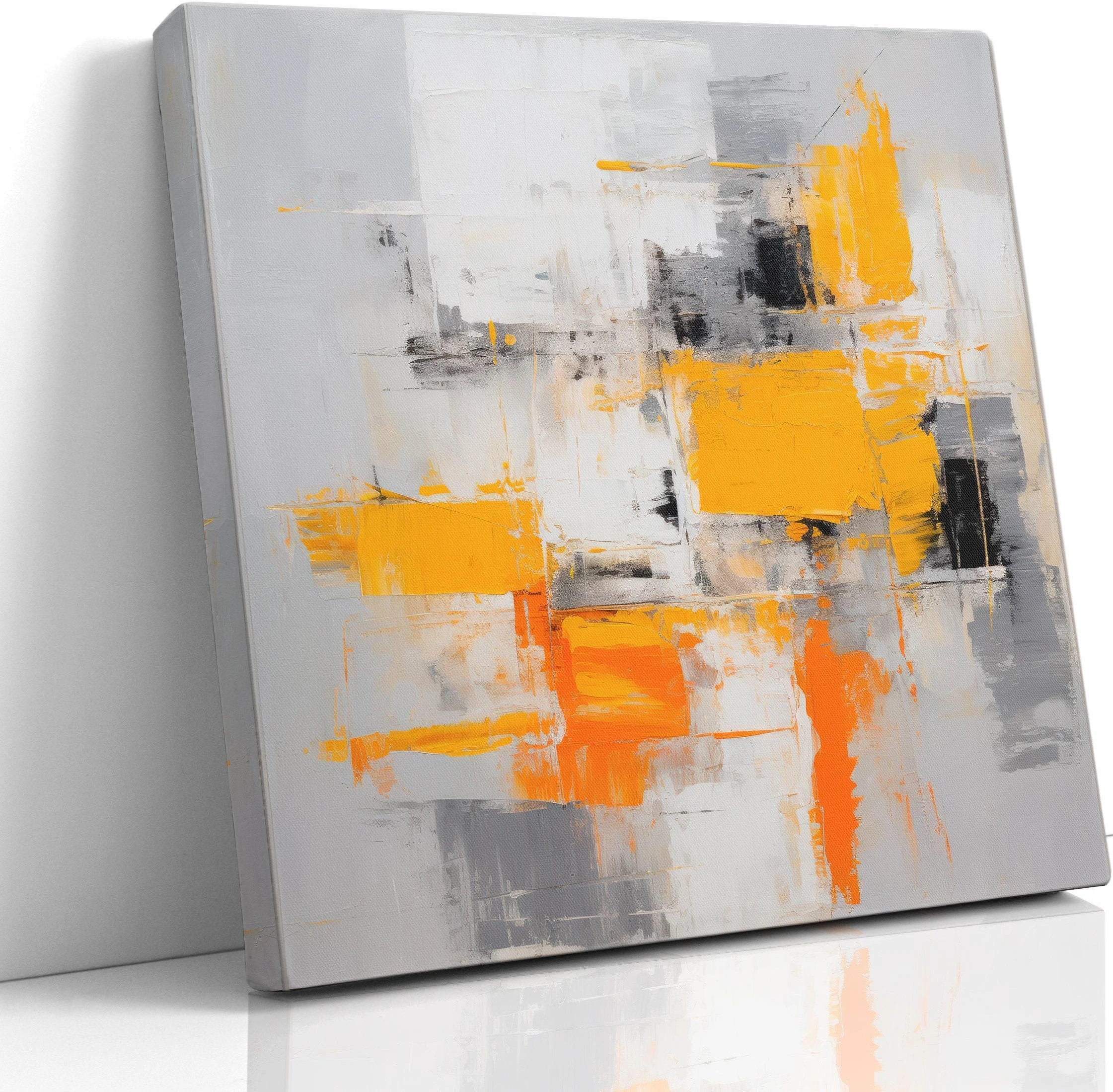 An abstract city-block style collage of white, grey and black shapes is overlaid with bright yellow and orange blocks, accented by scumbled highlights