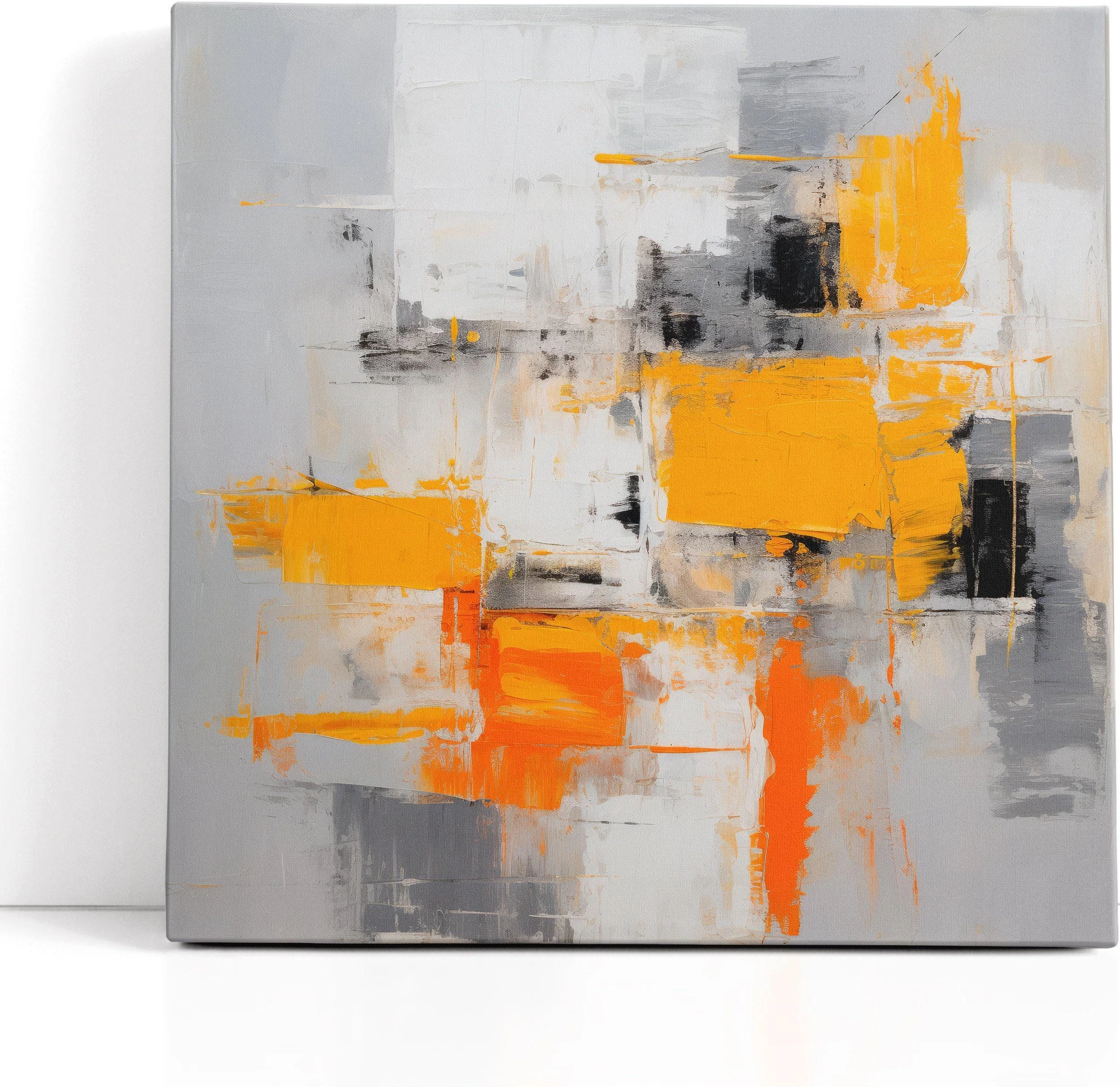 An abstract city-block style collage of white, grey and black shapes is overlaid with bright yellow and orange blocks, accented by scumbled