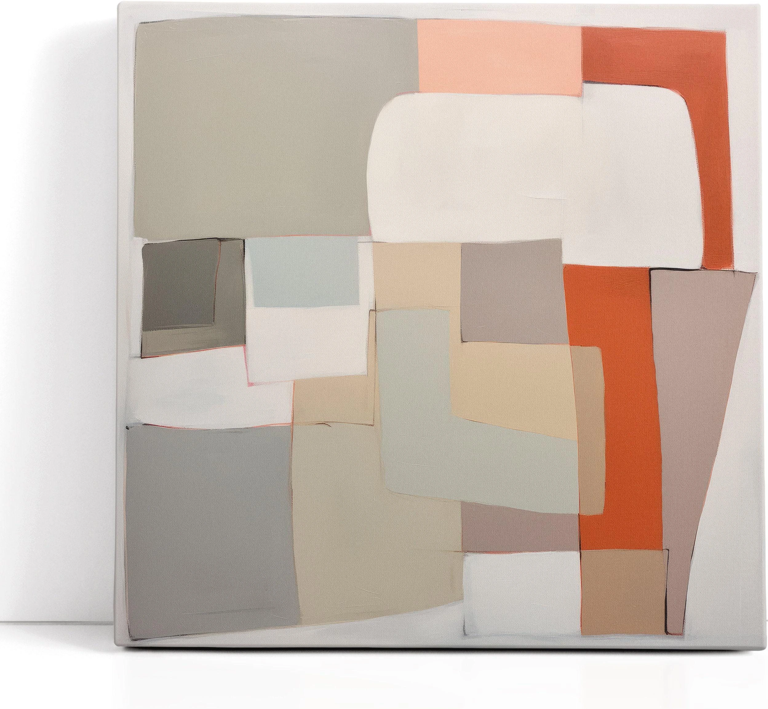 Neutral geometric abstract artwork with layered rectangles in cream, sage green and terracotta accents detail view