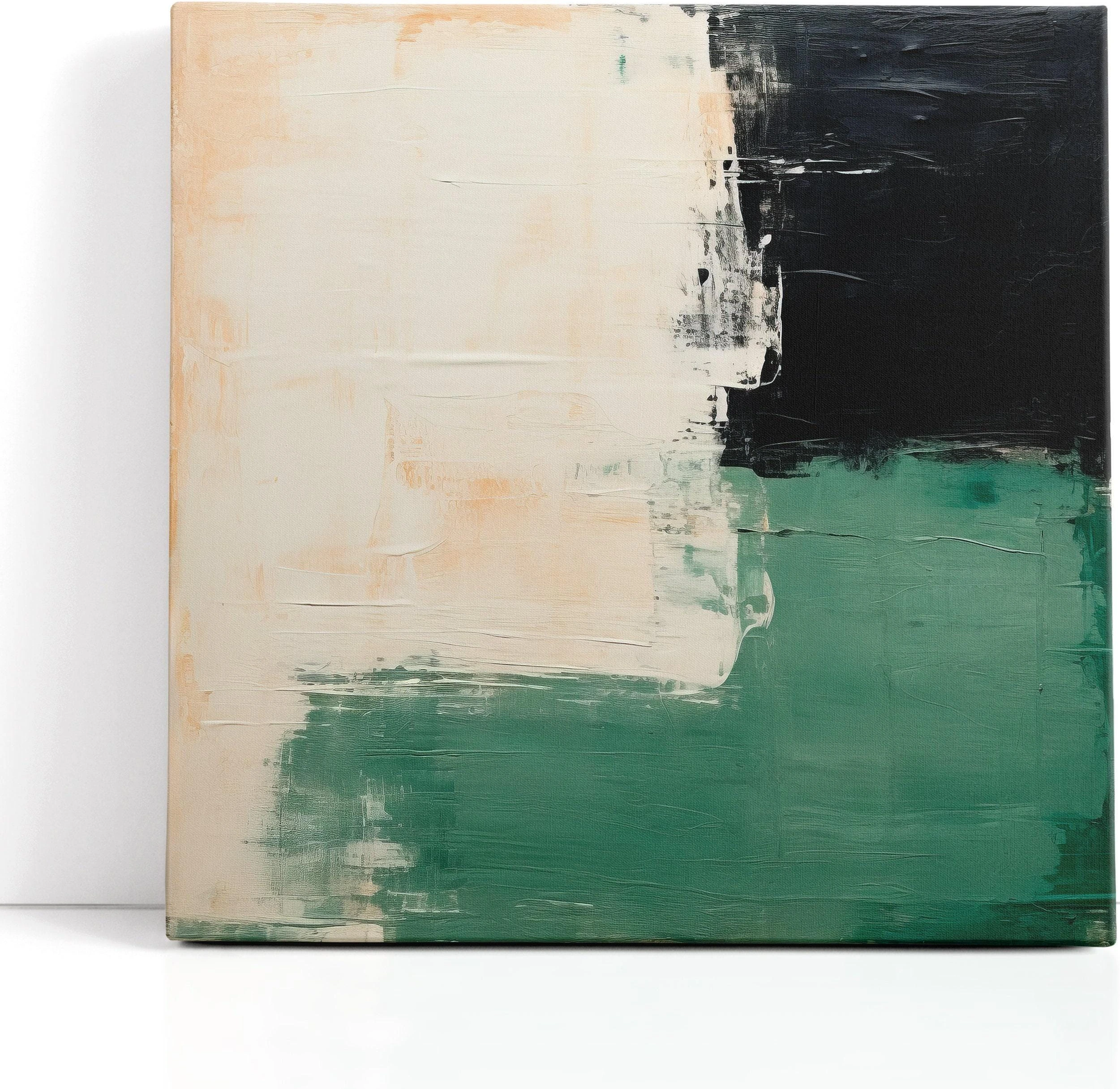 Textured abstract colour-block artwork with cream, charcoal-black and muted forest green areas detail view