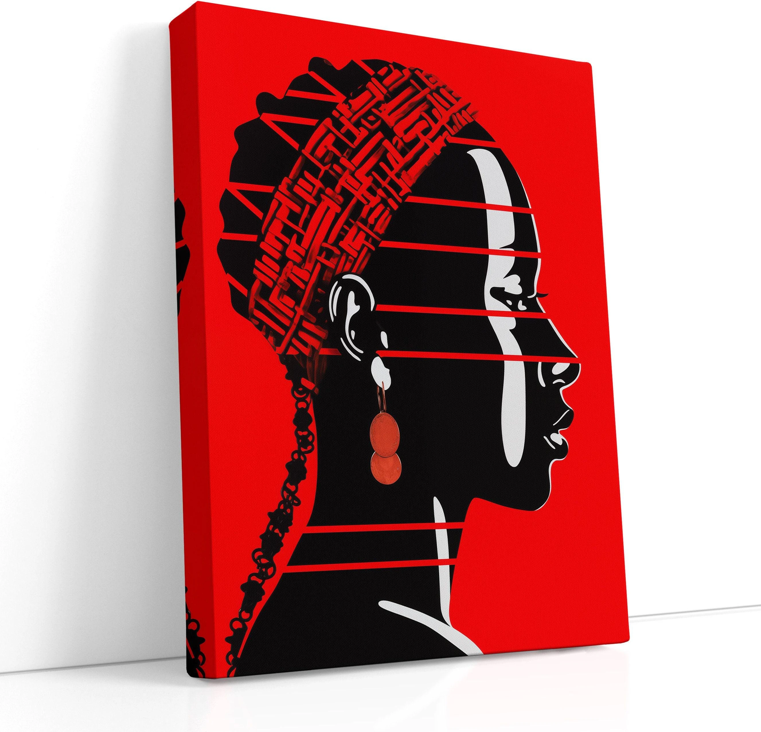 A bold red-and-black portrait silhouette of a woman with a headwrap overlays graphic stripes, key shapes and raised geometric patterns