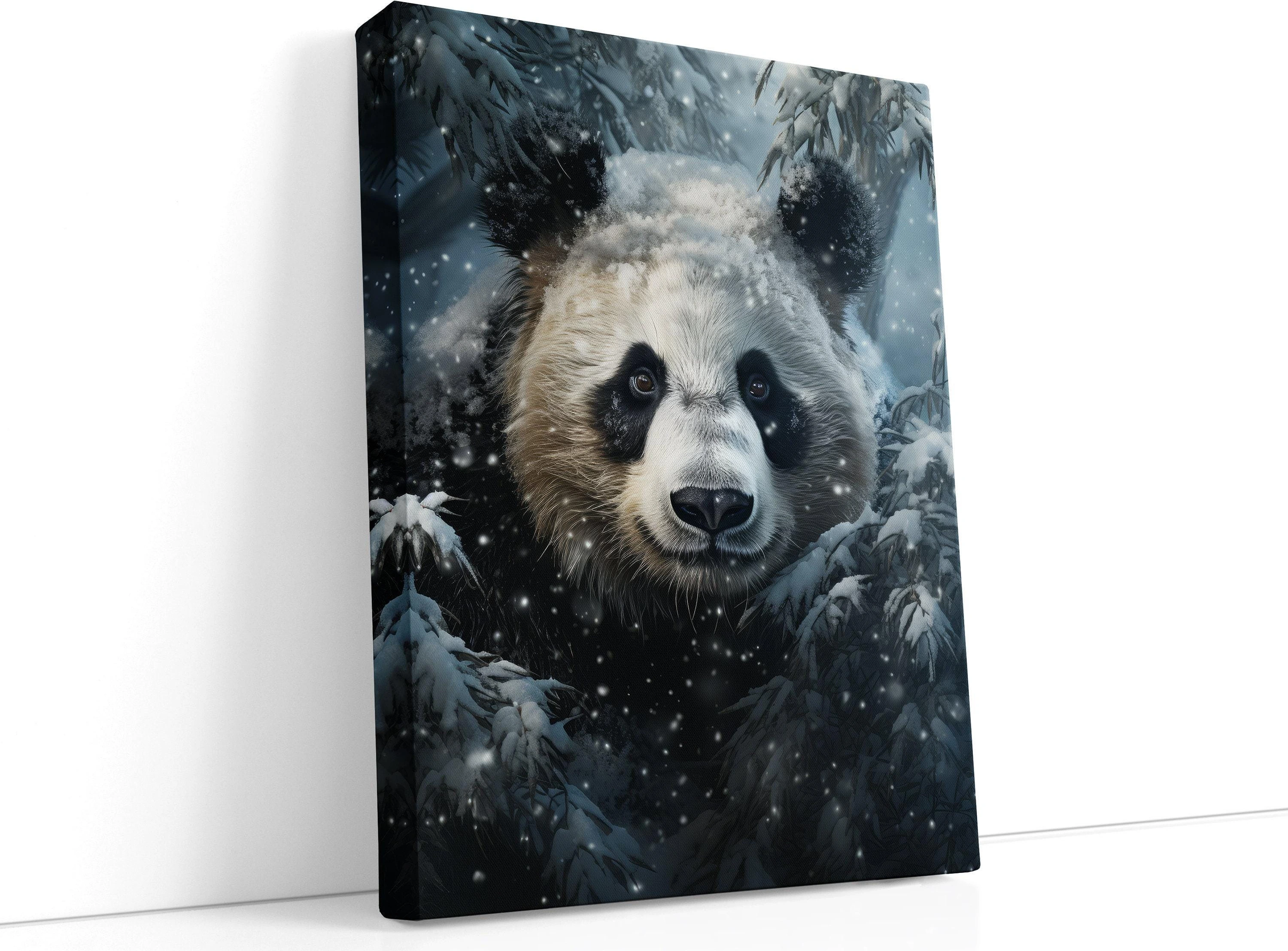 Snowy panda face artwork with falling snow and dark evergreen trees