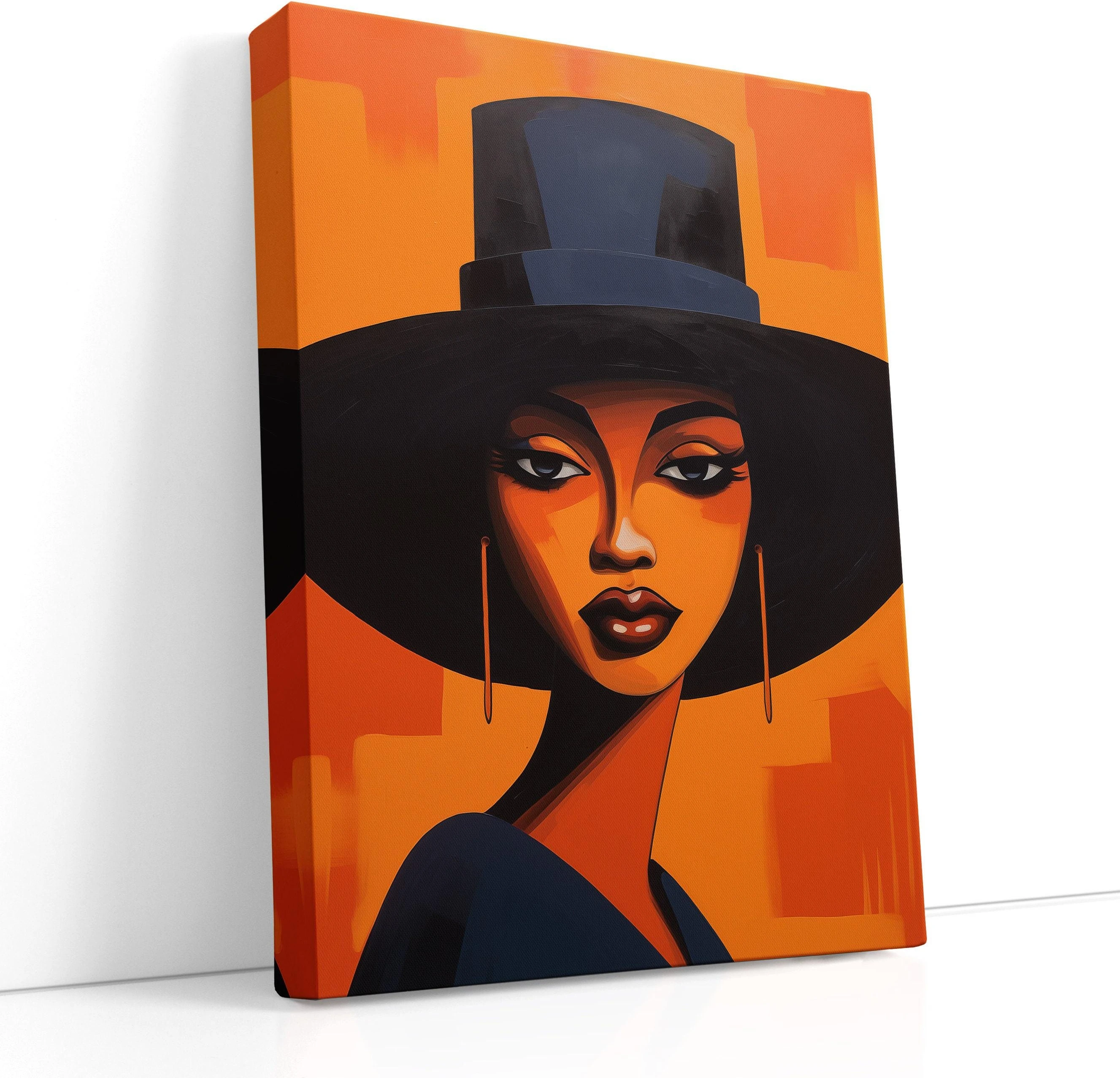 Stylised woman portrait with burnt orange face, black headwear, and navy geometric background
