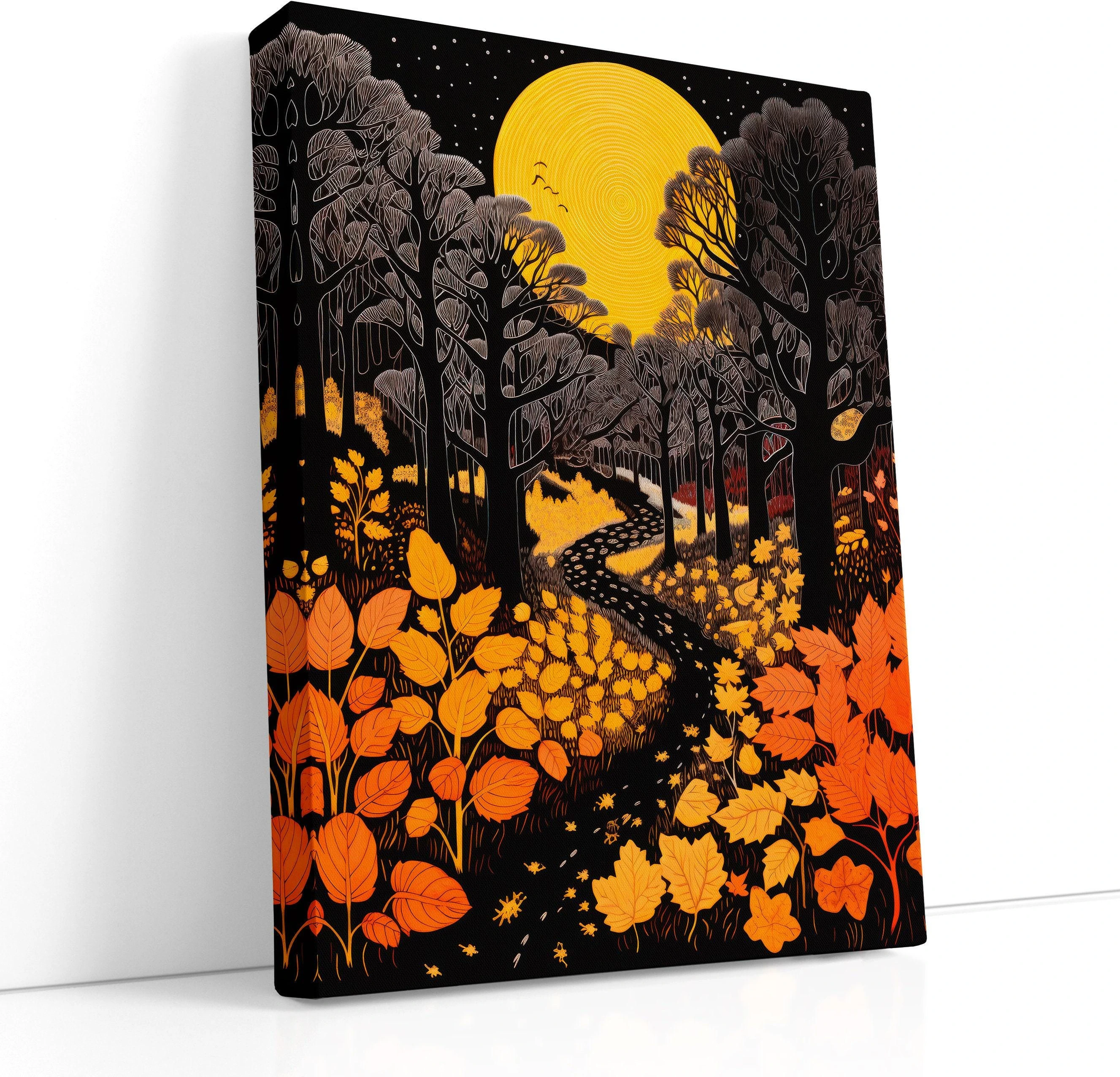 Moonlit autumn forest with glowing yellow moon, dark tree silhouettes and falling orange leaves
