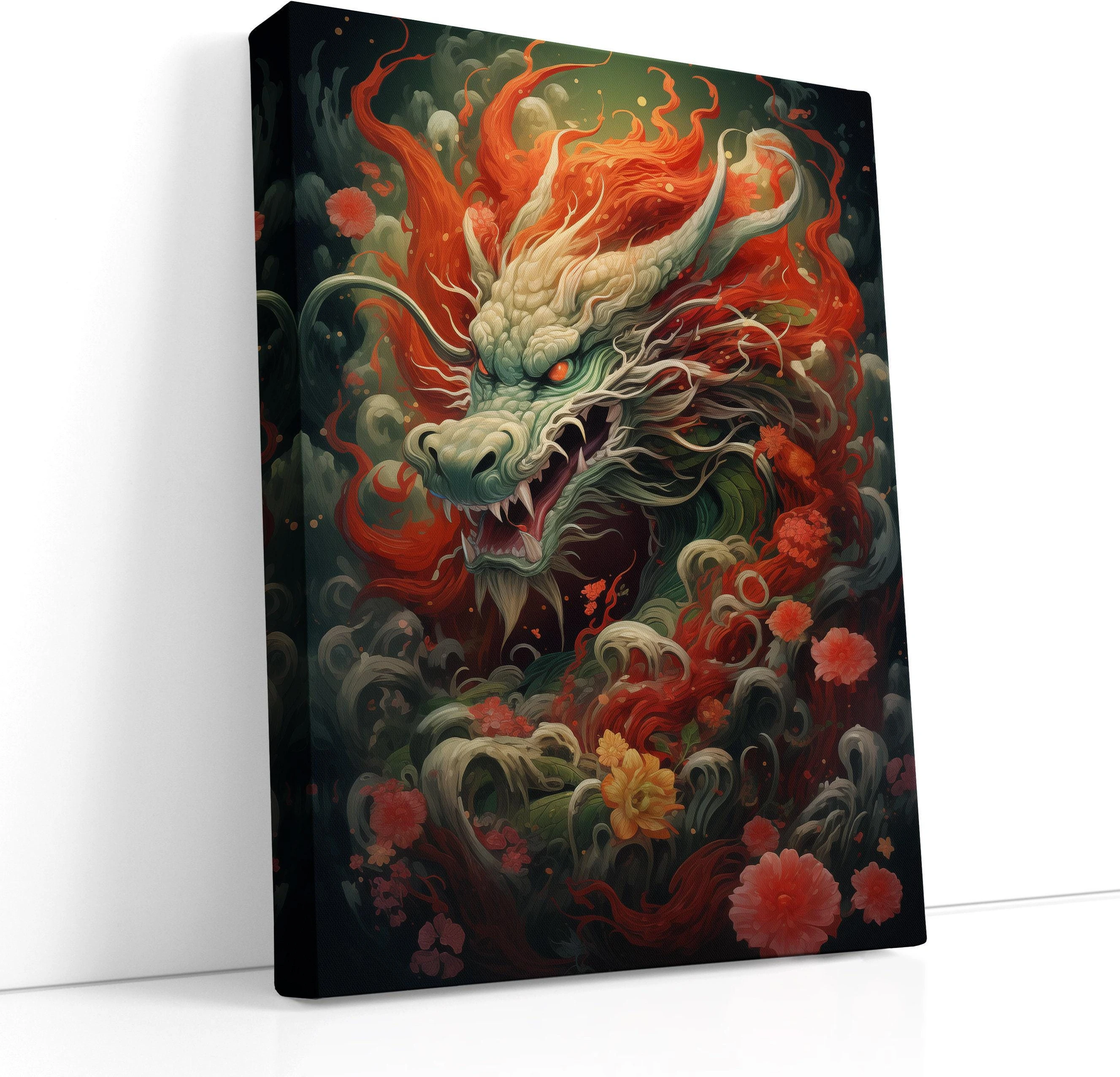Fierce fantasy dragon with glowing orange eyes and red-orange flames amid dark swirling clouds and blossoms