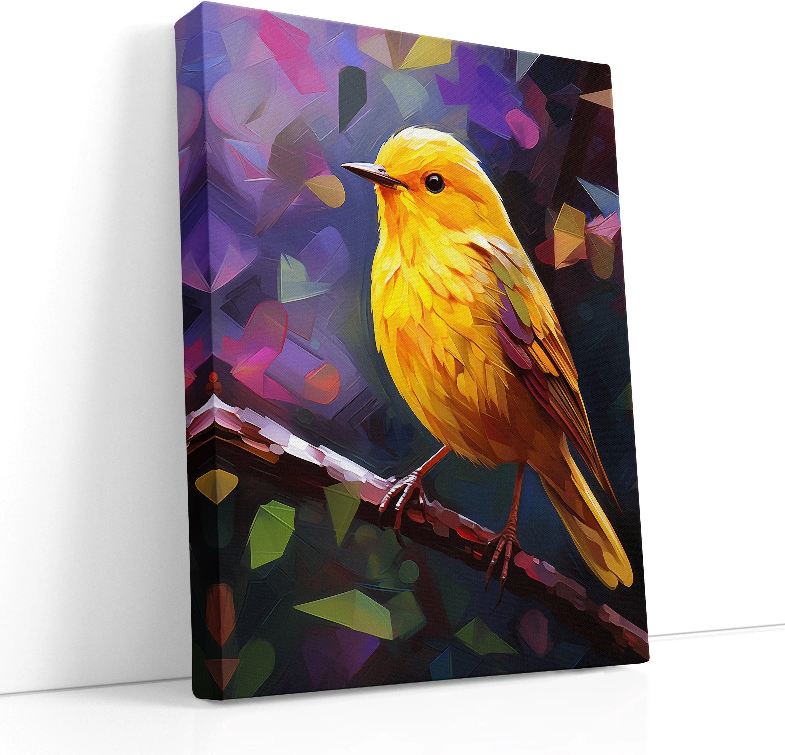 Stylised yellow and orange bird portrait with layered feathers on a purple and pink geometric background