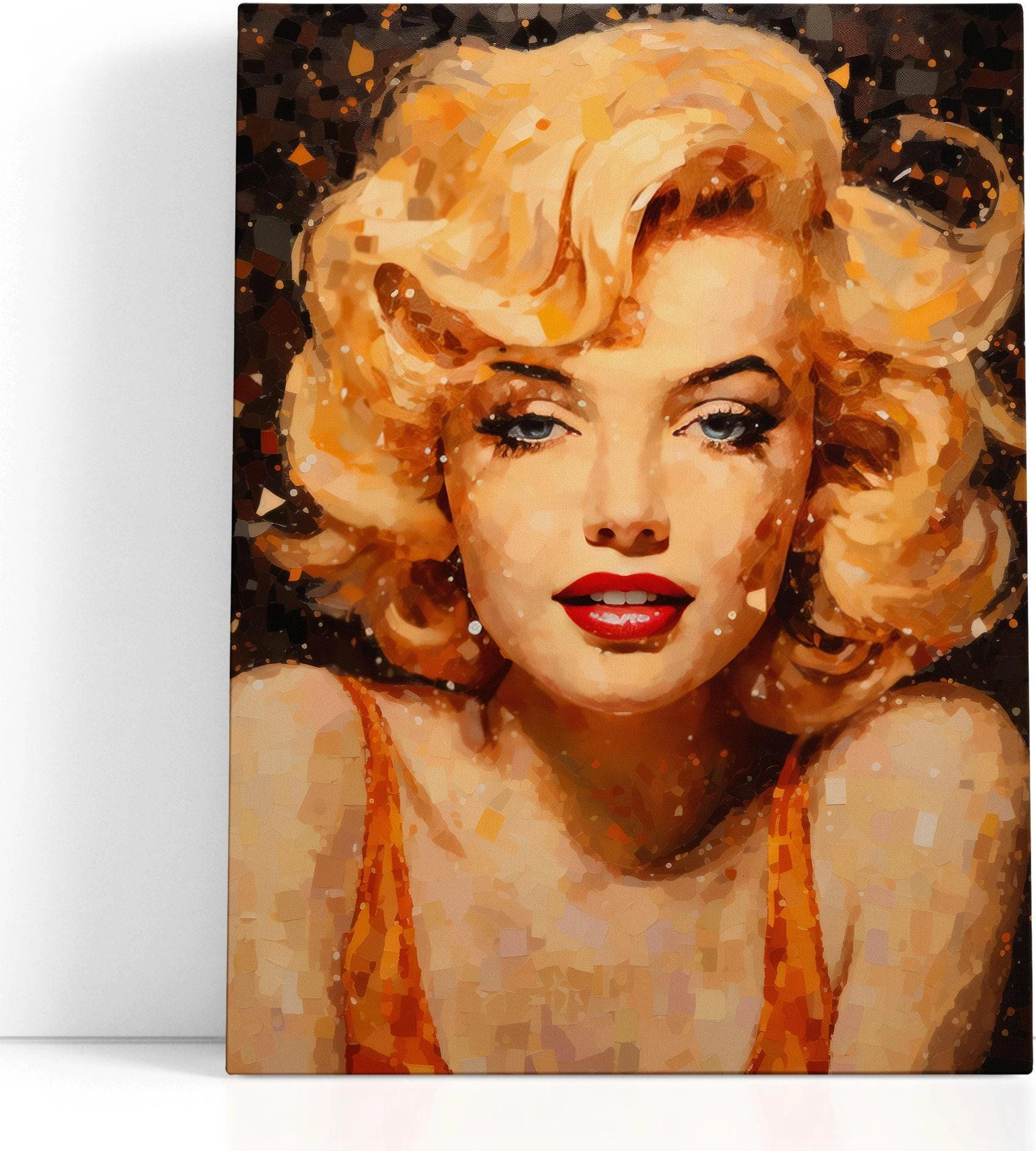 Warm amber blonde portrait with dark mosaic hair and red lips detail view