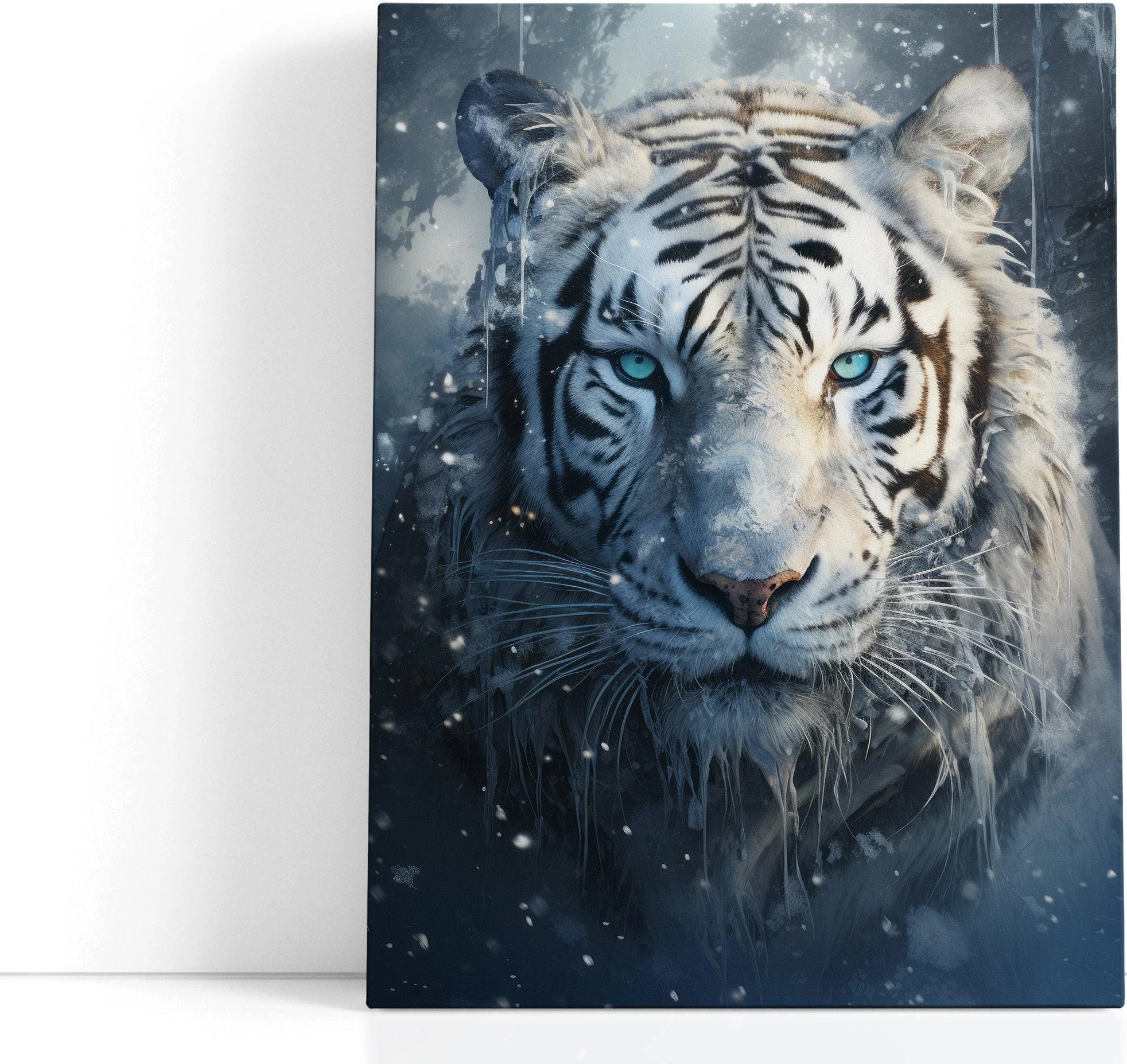 White tiger portrait with blue eyes and falling snow flecks on a dark icy blue background detail view