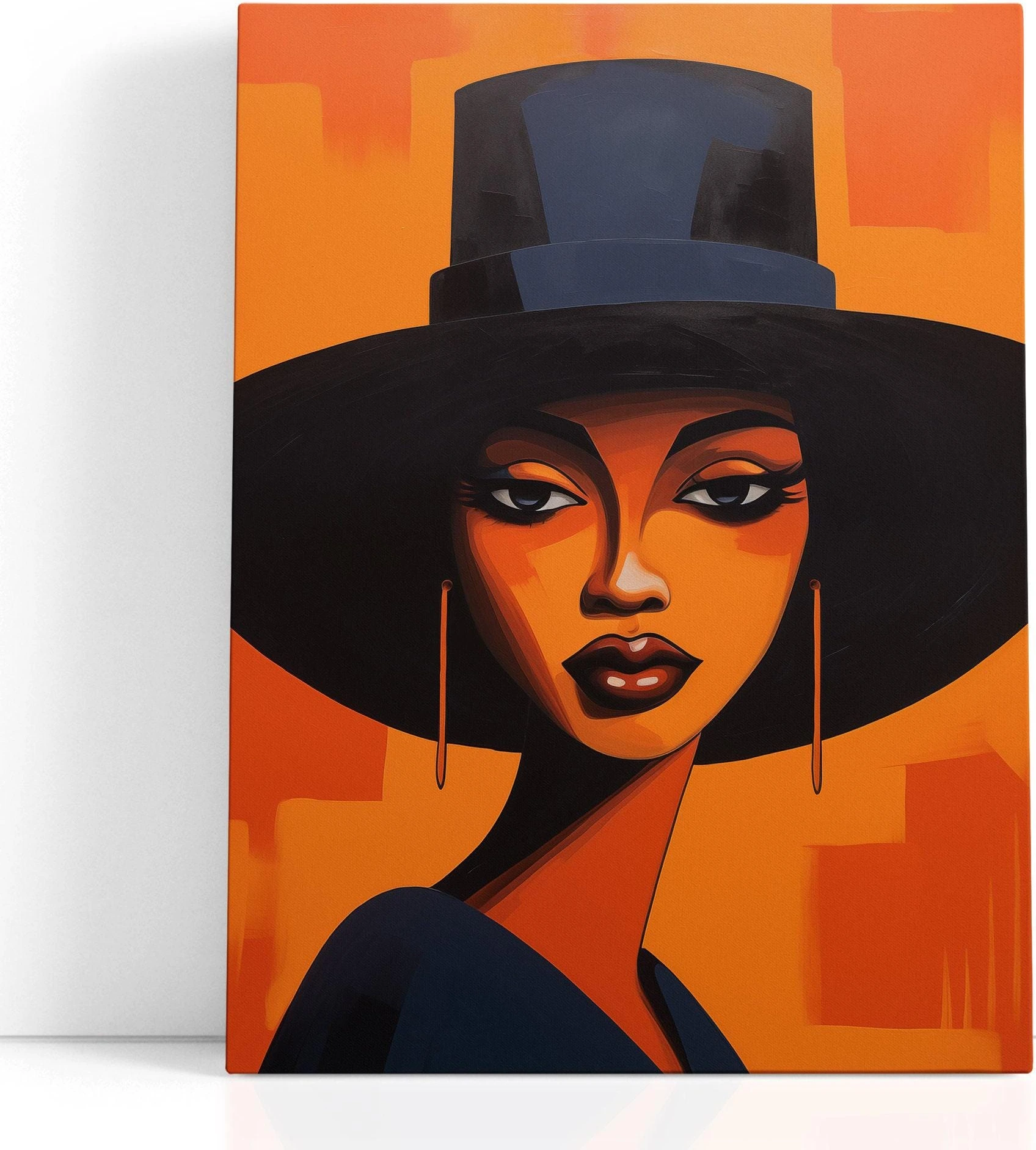 Stylised woman portrait with burnt orange face, black headwear, and navy geometric background detail view