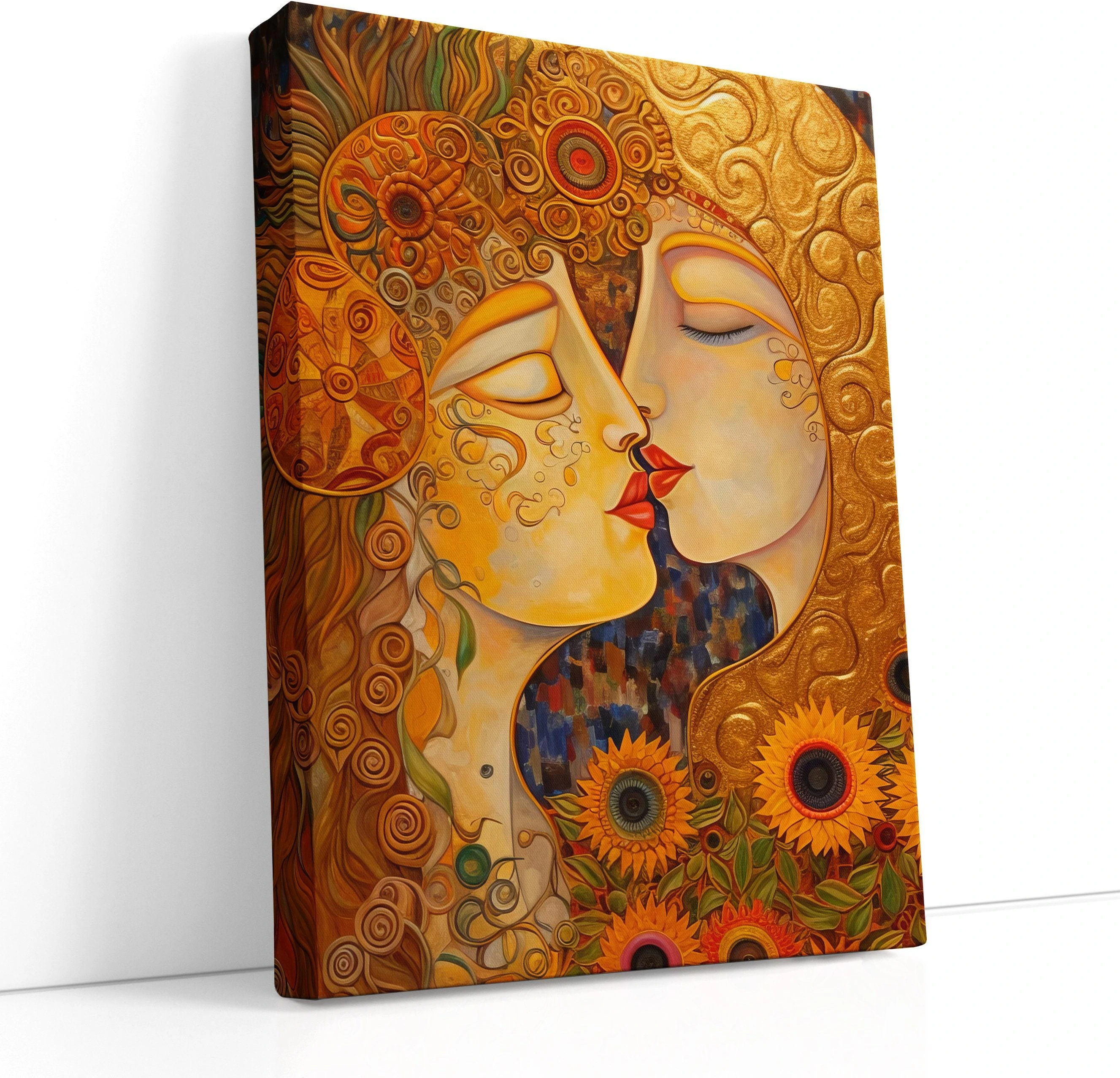 Warm gold amber illustration of two lovers in close-up with ornate swirls and sunflower-like flowers